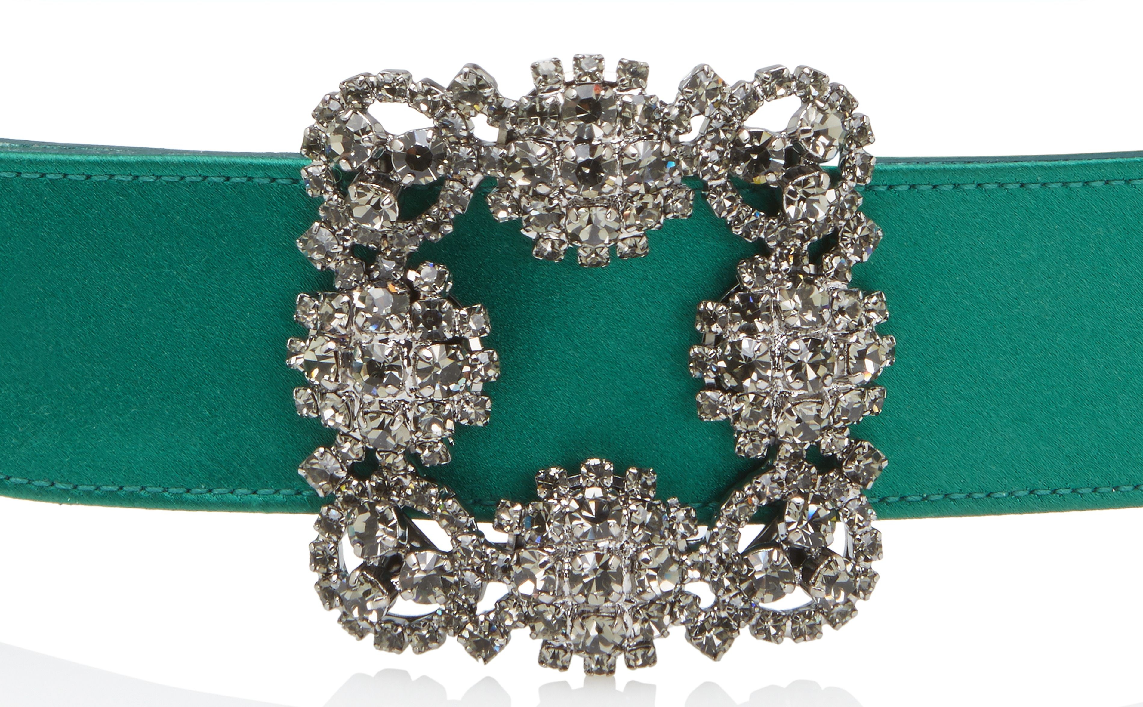 Green Satin Crystal Buckled Belt - 4