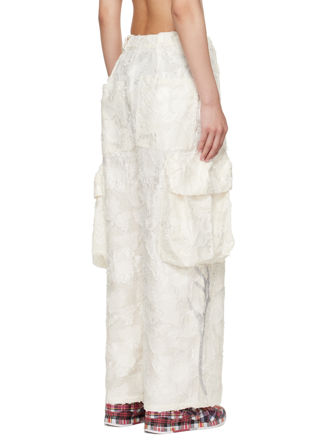 White Pleated Cargo Pants - 3