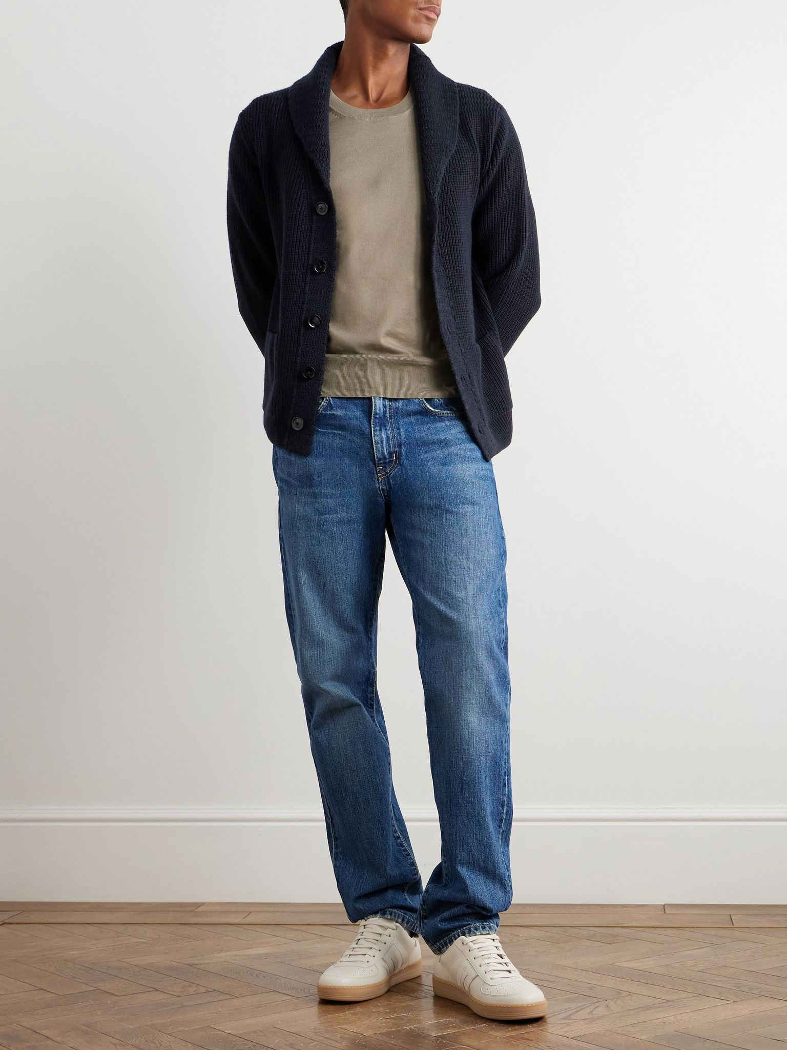 Slim-Fit Shawl-Collar Ribbed Cashmere Cardigan Blue - 2