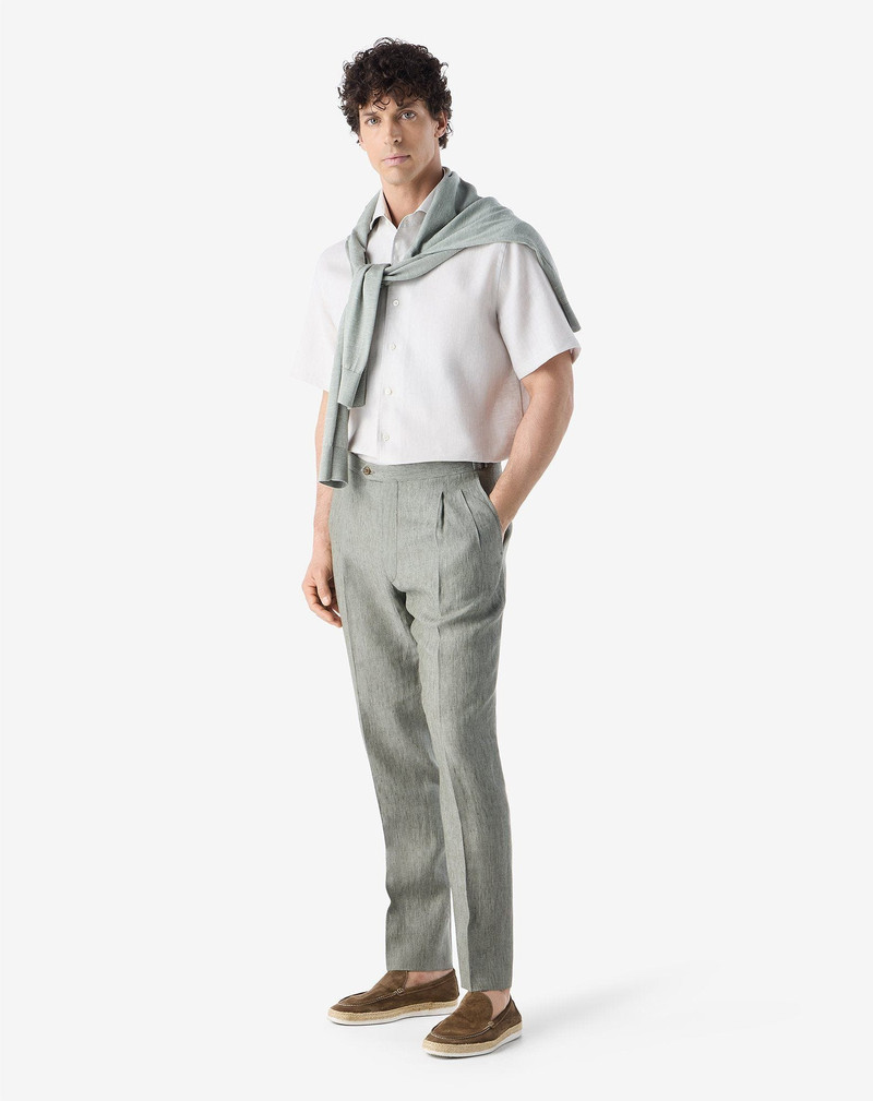 CORNELIANI Sage green 2-dart chambray linen trousers outlook