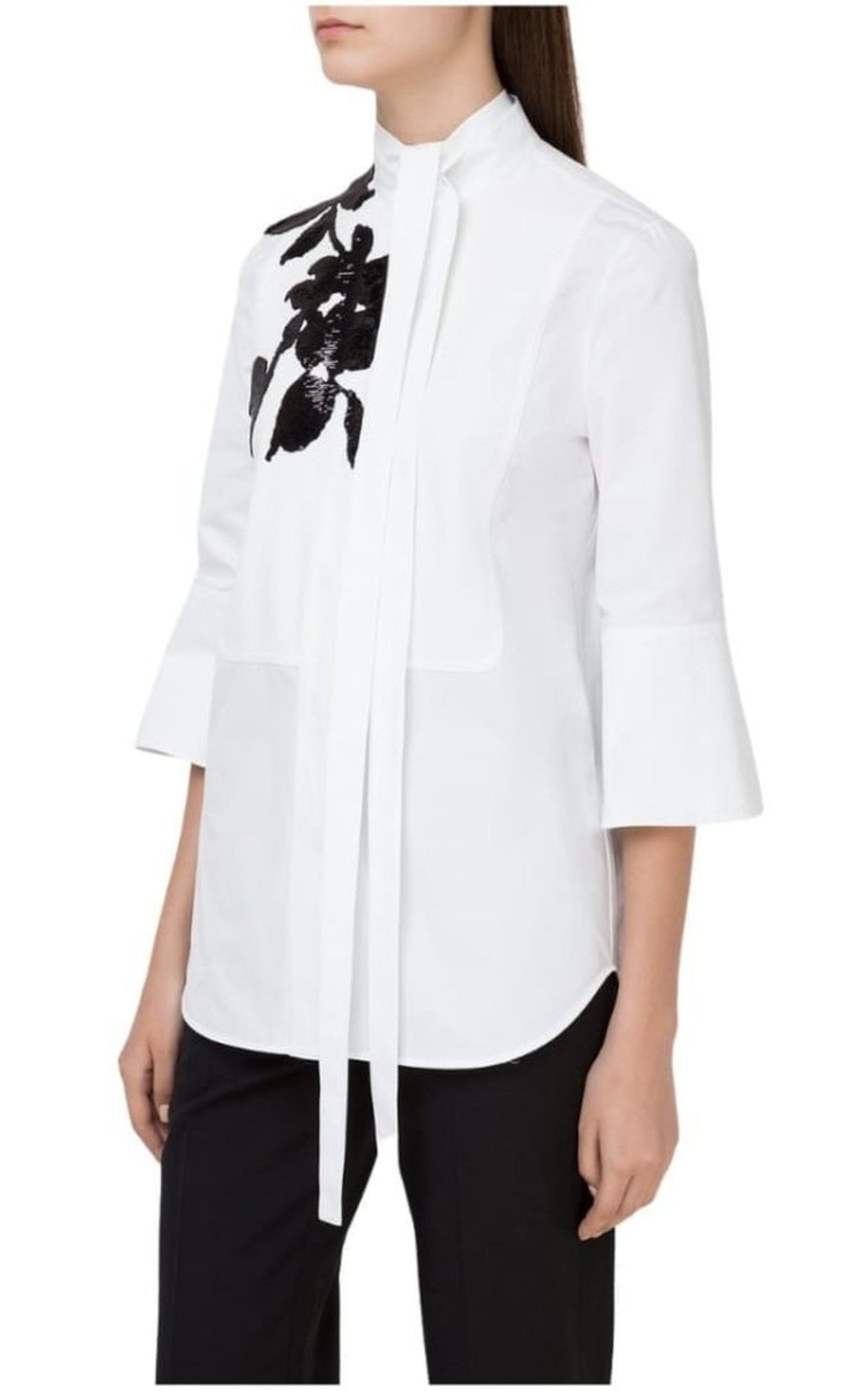White Floral Embroidery Cotton Shirt with Tie - 4
