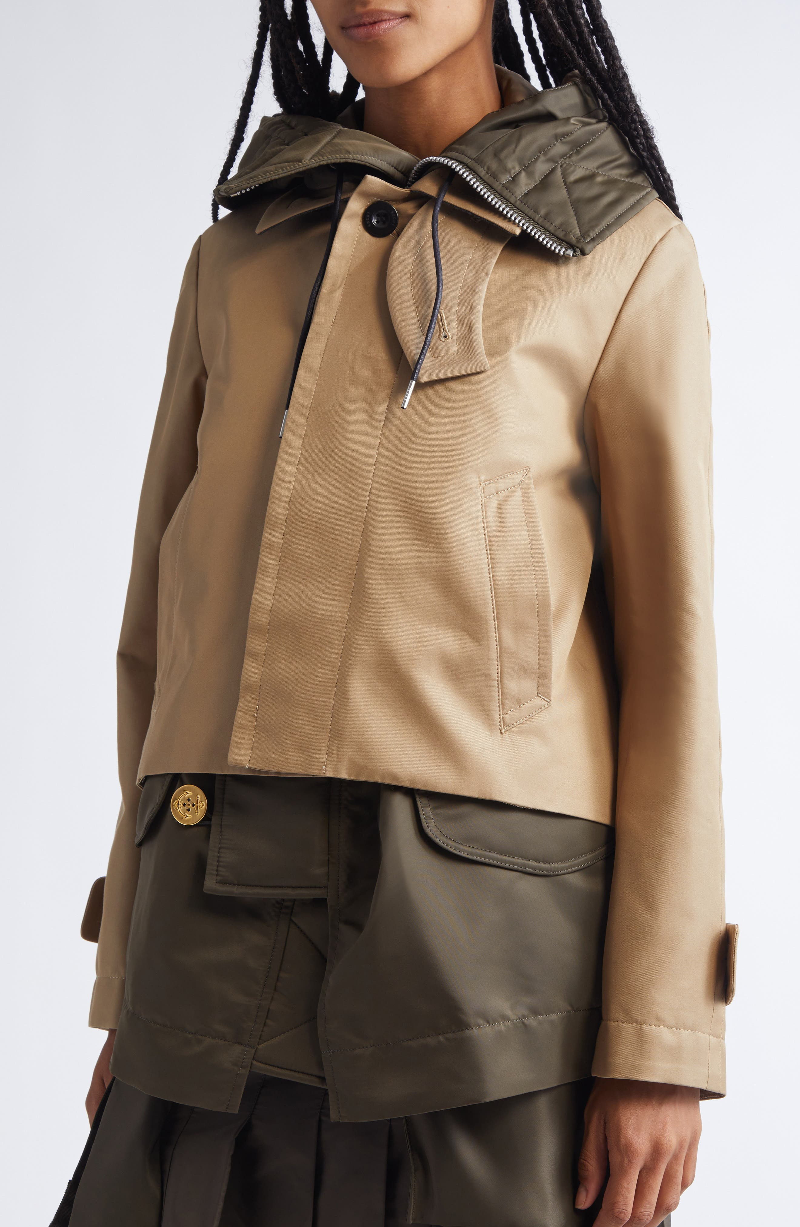 Sacai Hooded Mixed Media Jacket in Beige/Dark Khaki at Nordstrom - 5