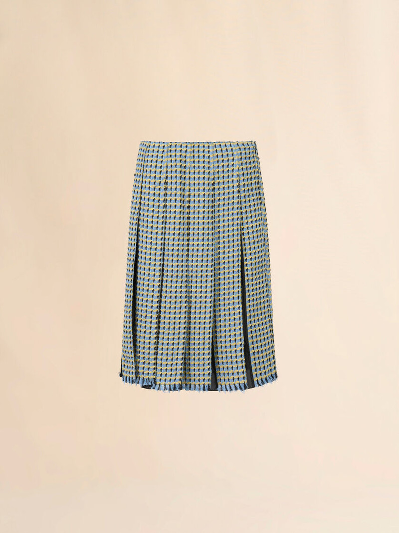 BLUE COTTON TWEED-EFFECT PLEATED SKIRT 1