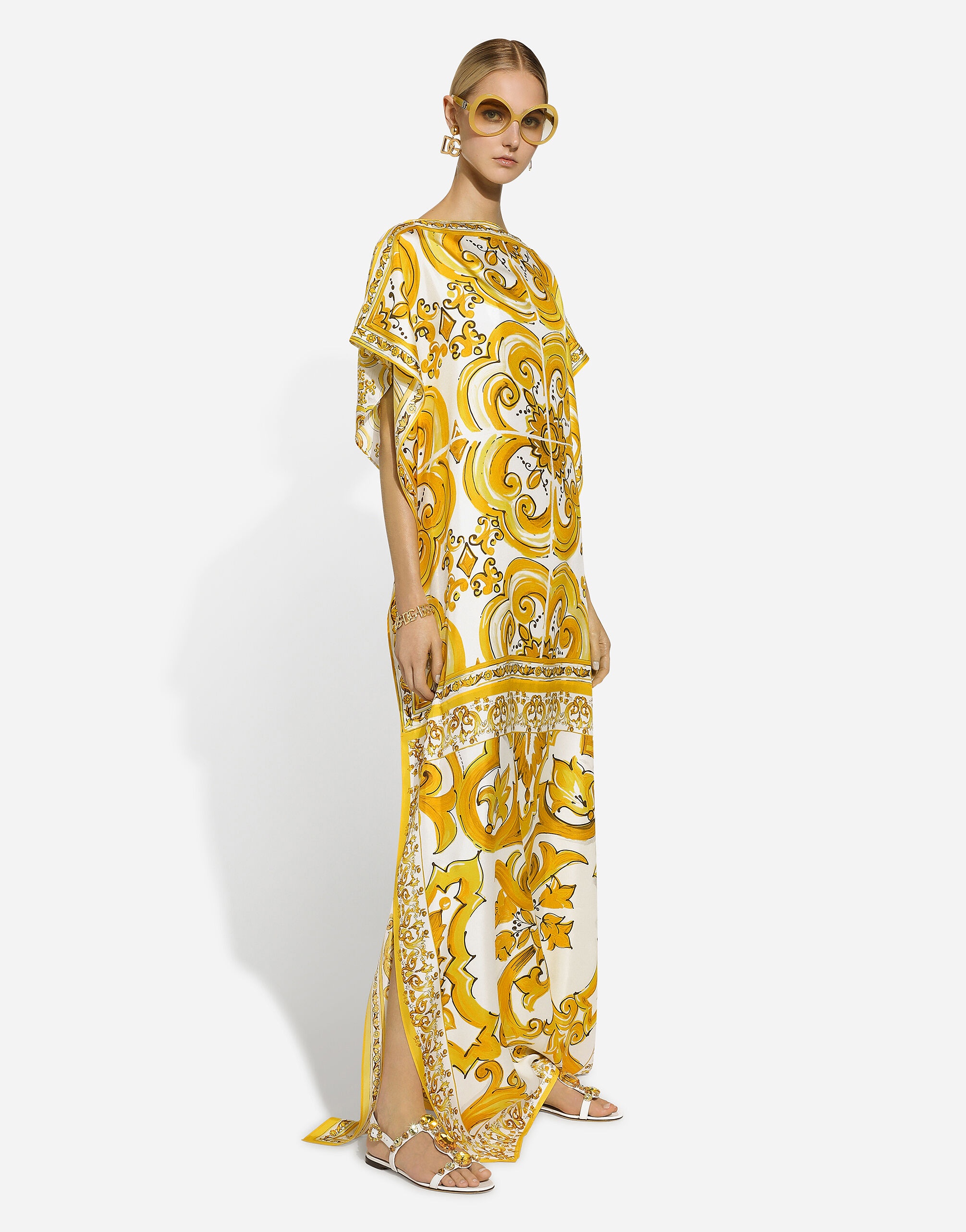 Silk twill caftan with majolica print - 6