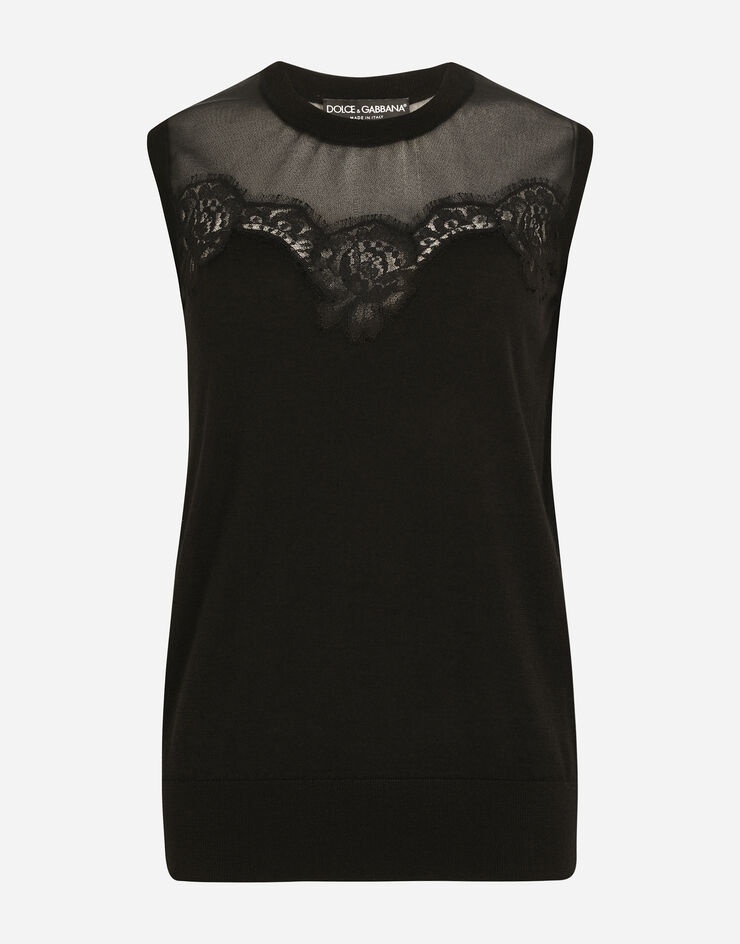 Sleeveless cashmere and silk sweater with lace - 1