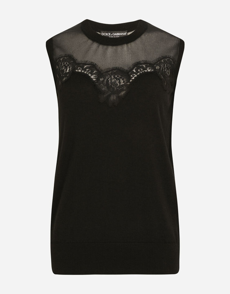 Sleeveless cashmere and silk sweater with lace 1