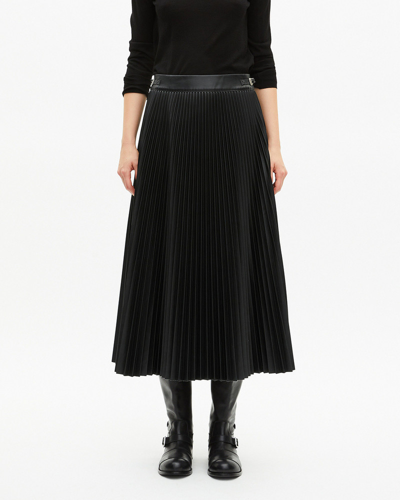 BLACK LEATHER-EFFECT PLEATED LONG SKIRT 4