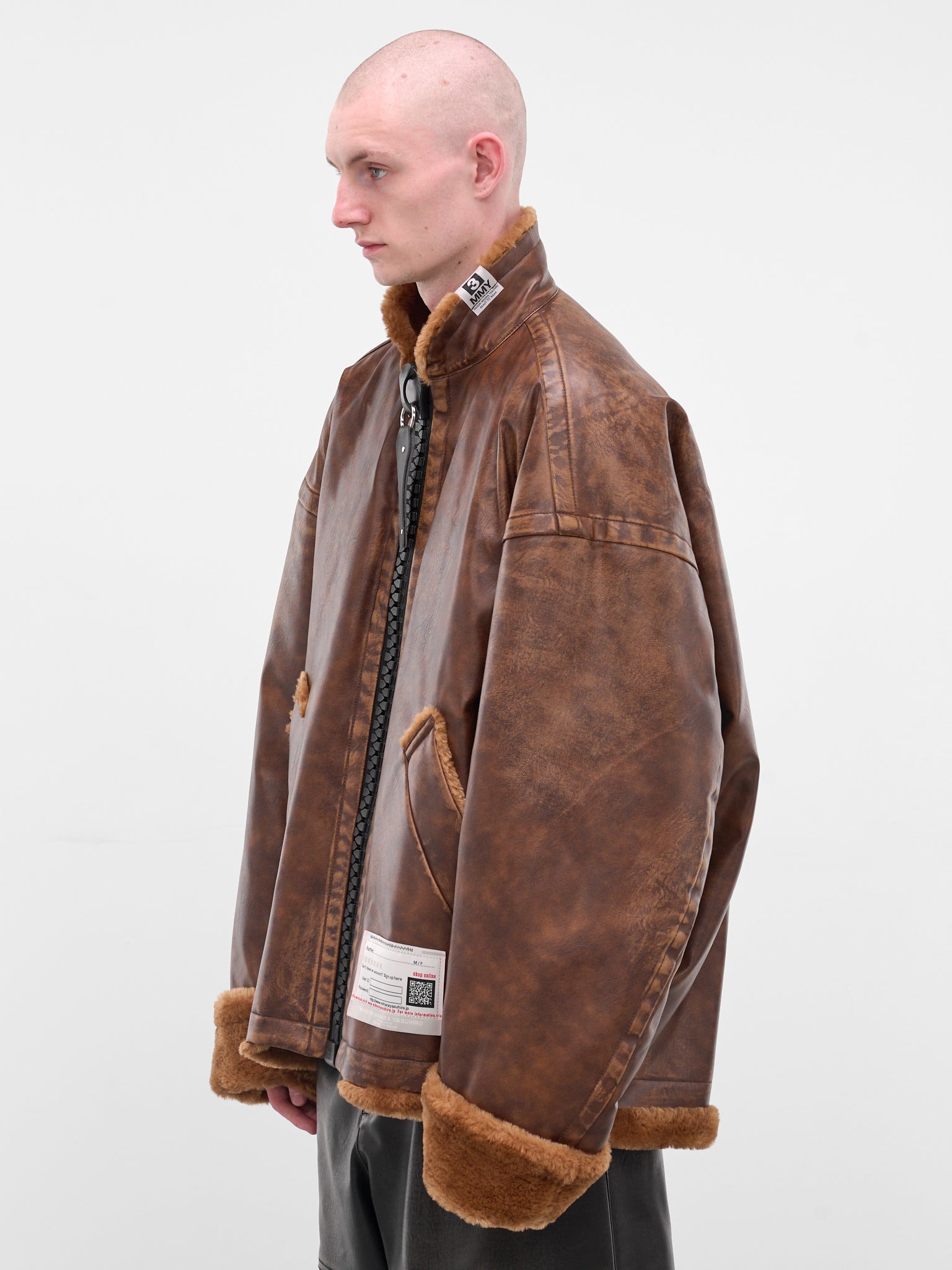 Brown Oversized Leather Shearling Jacket - 2