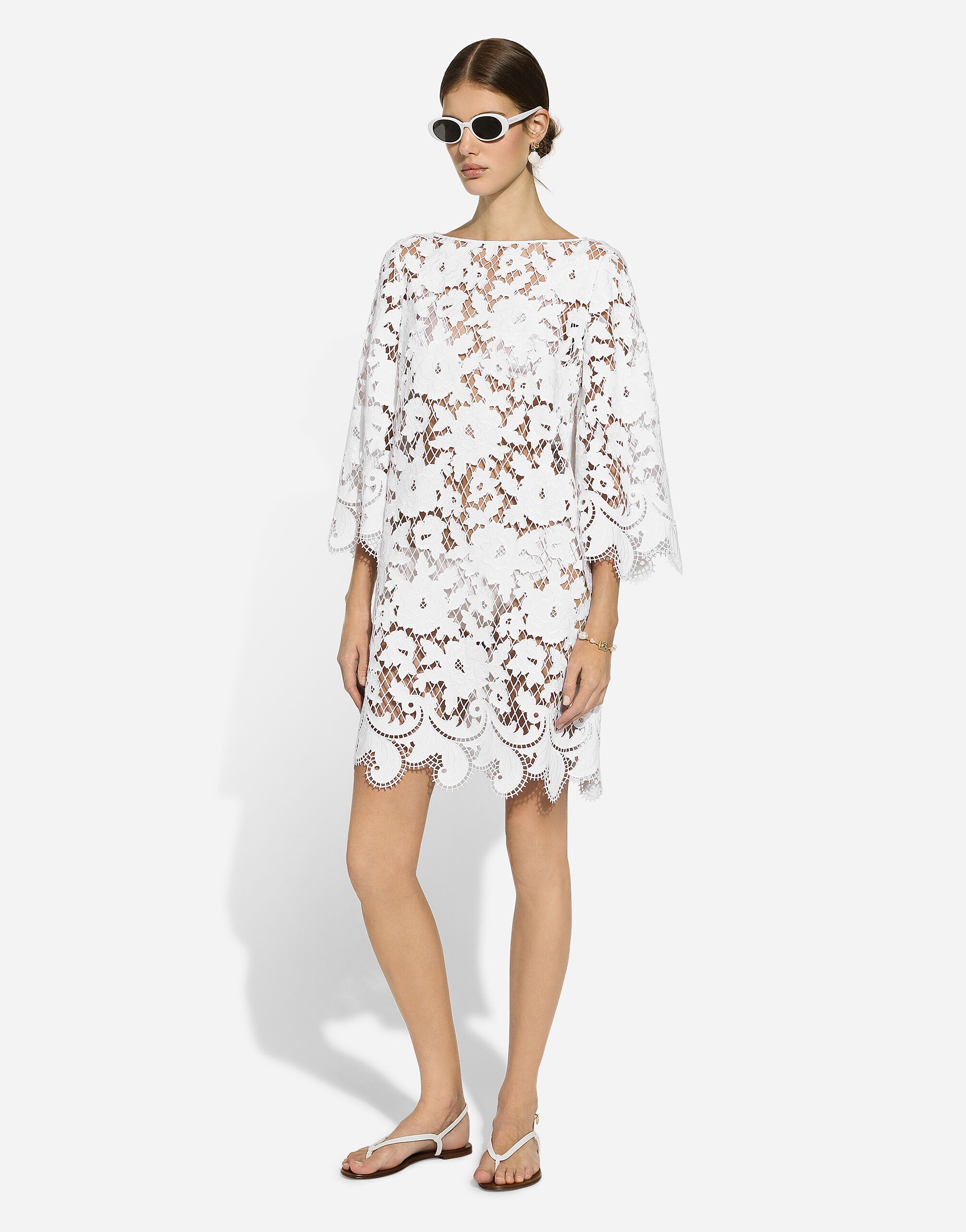 Floaty short cotton dress with floral openwork embroidery - 5