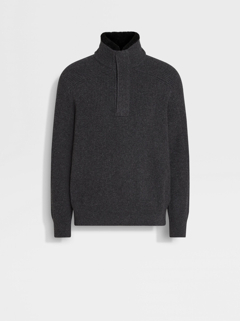 DARK GREY MÉLANGE OASI CASHMERE ZIP MOCK NECK SWEATER 1