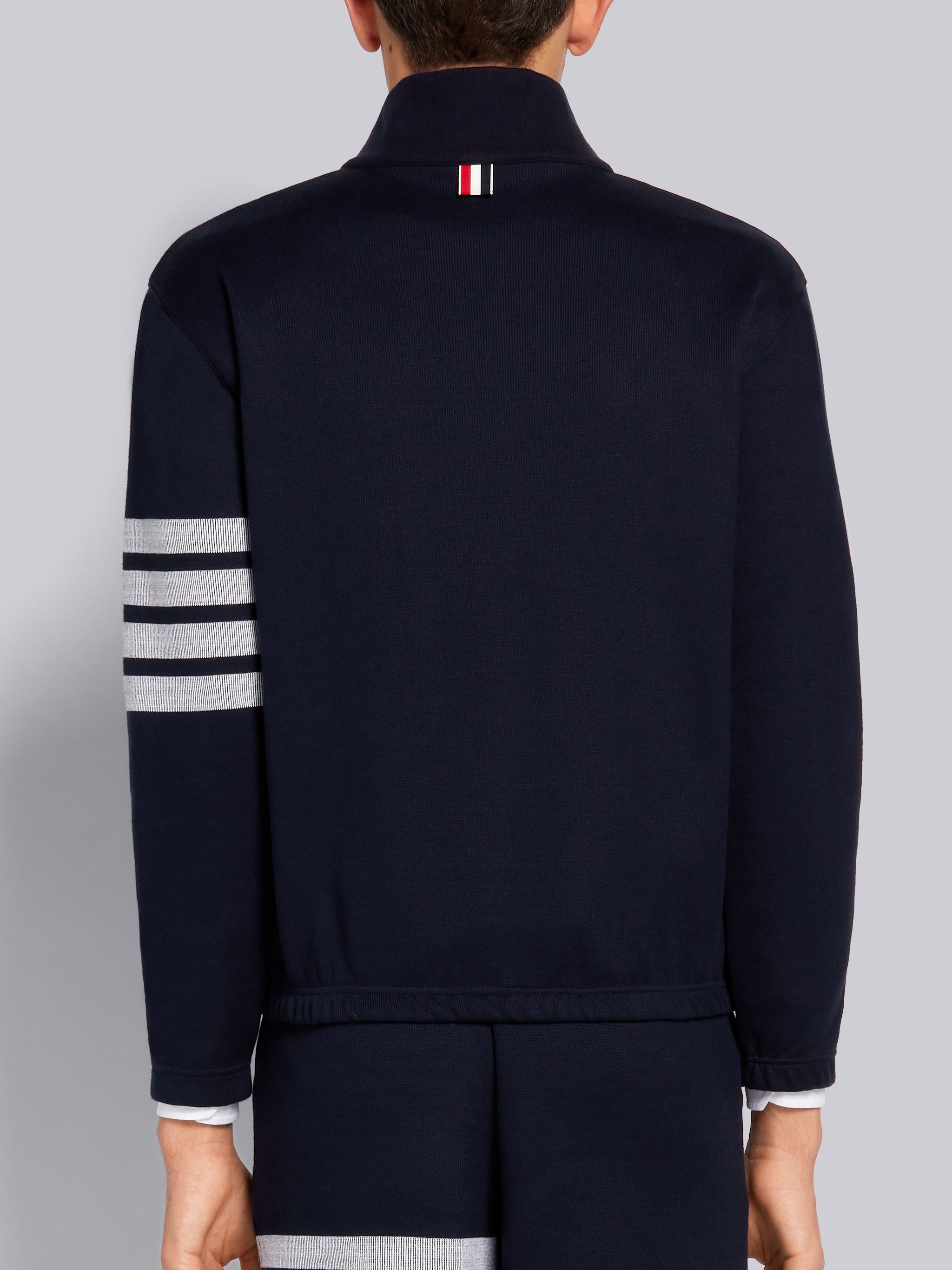 Navy Double Face Cotton Knit 4-Bar Stripe Half Zip Funnel Neck Pullover - 3