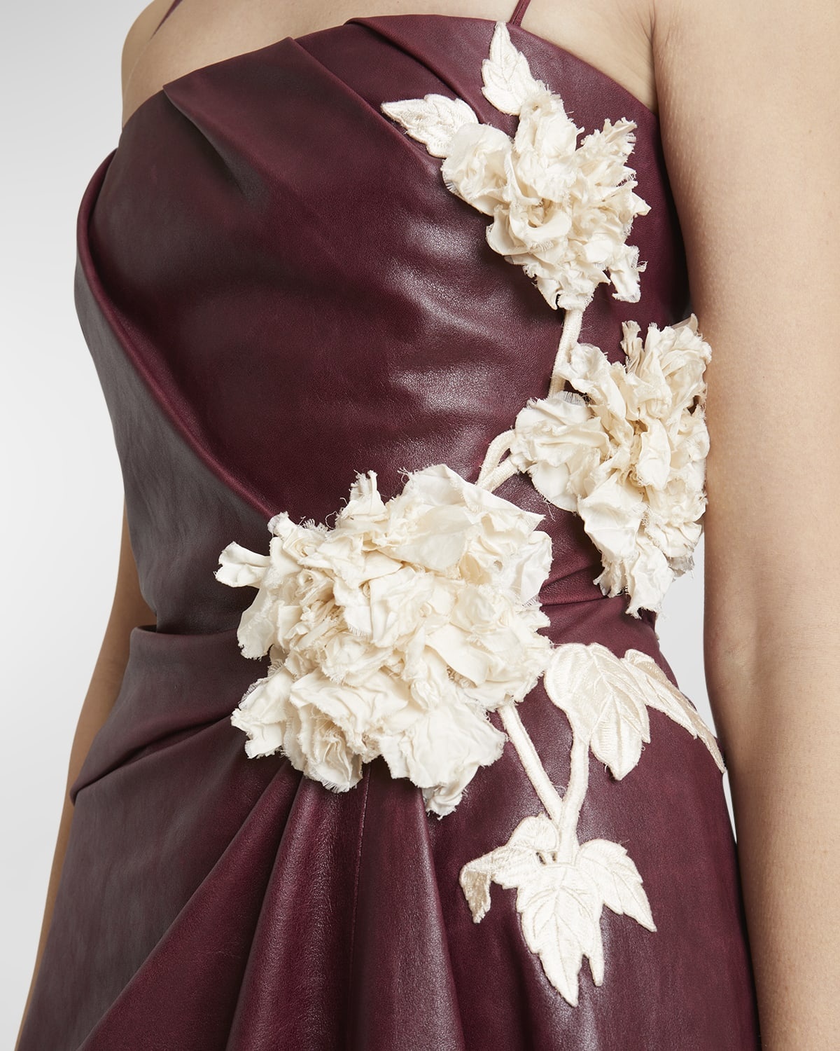 Leather Asymmetric Draped Floral Applique Dress - 5