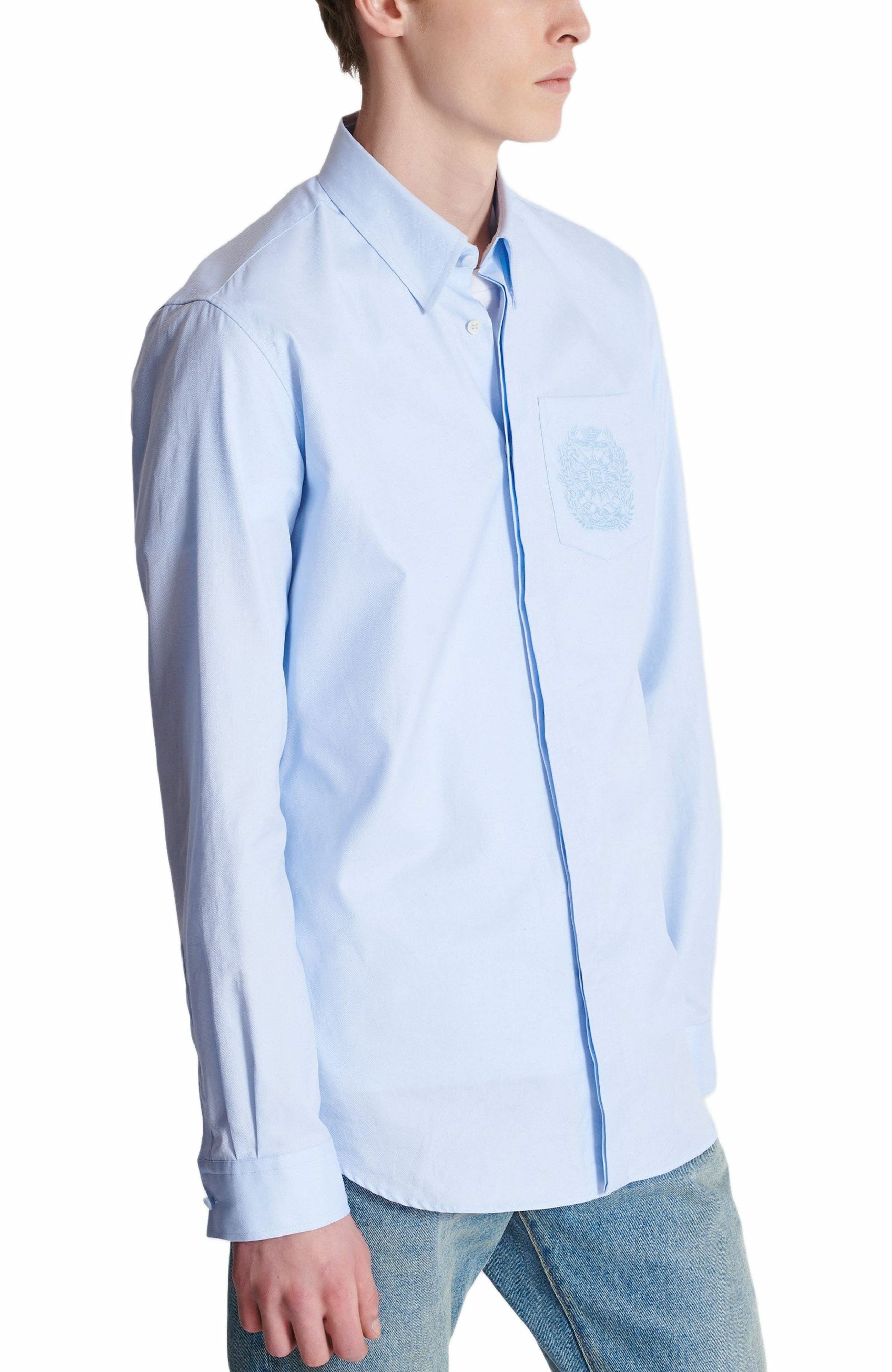 Balmain Écusson embroidered cotton shirt in Blue at Nordstrom - 5
