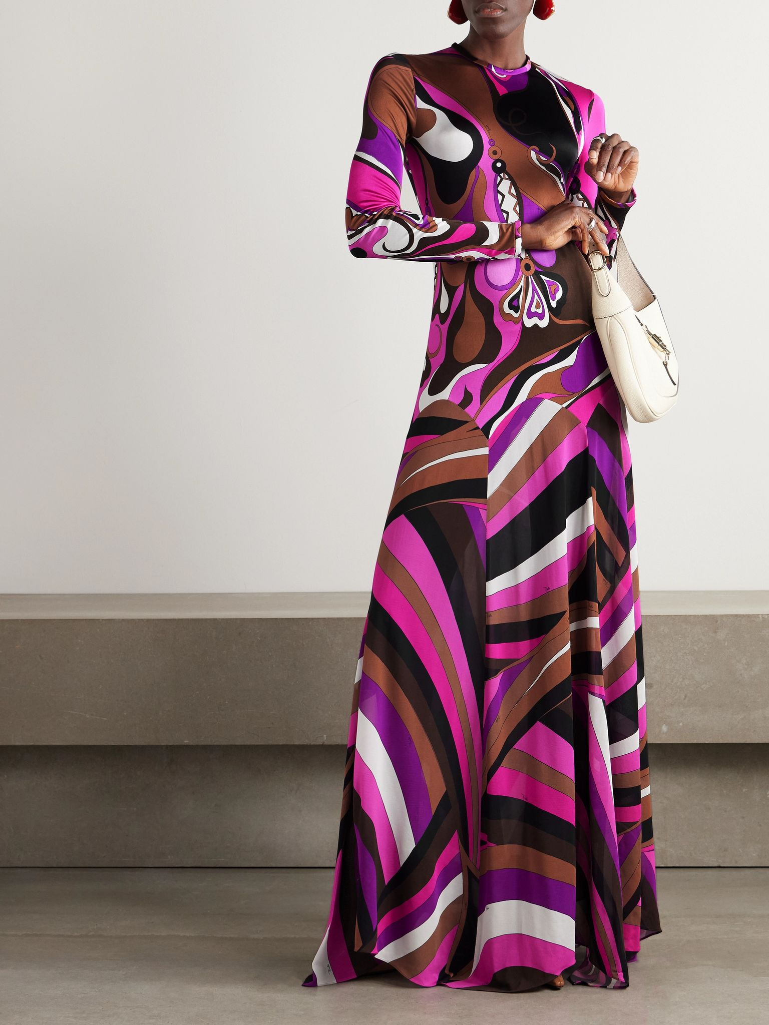 Pleated paneled printed satin-jersey and stretch-mesh maxi dress Pink - 3
