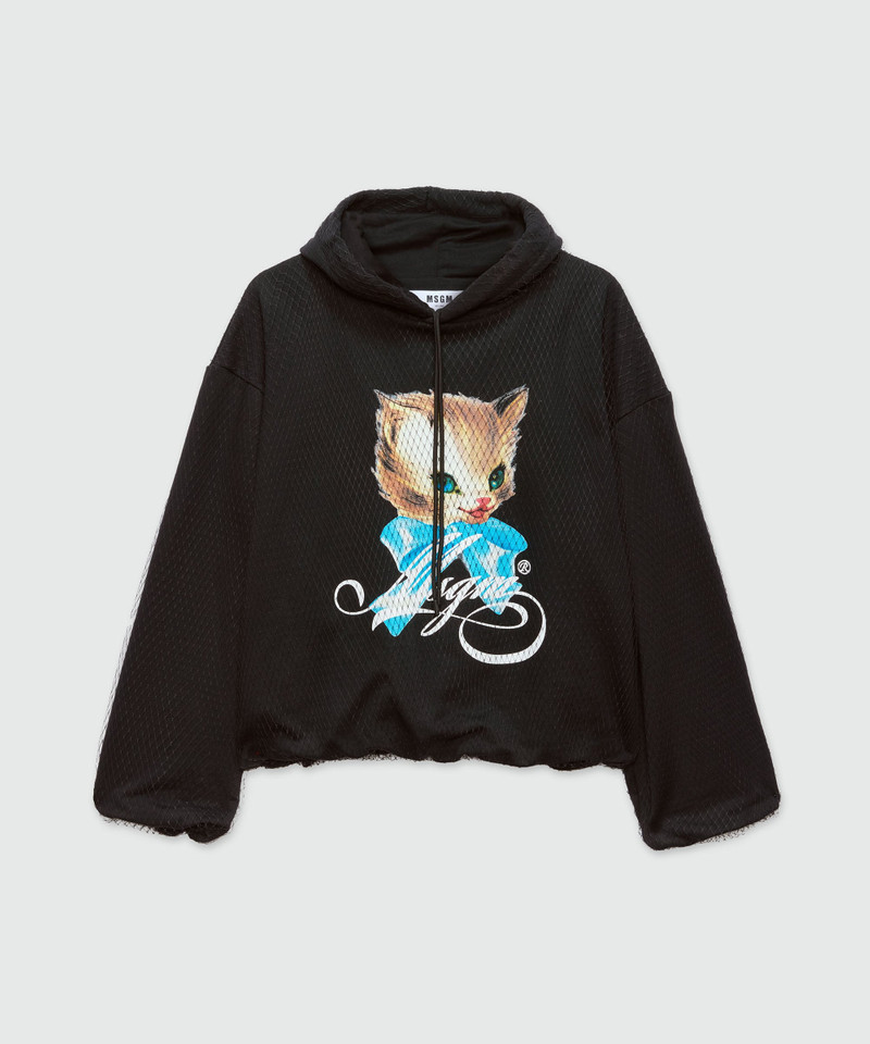 Black jersey sweatshirt with tulle and "Cute Kitty" print 1