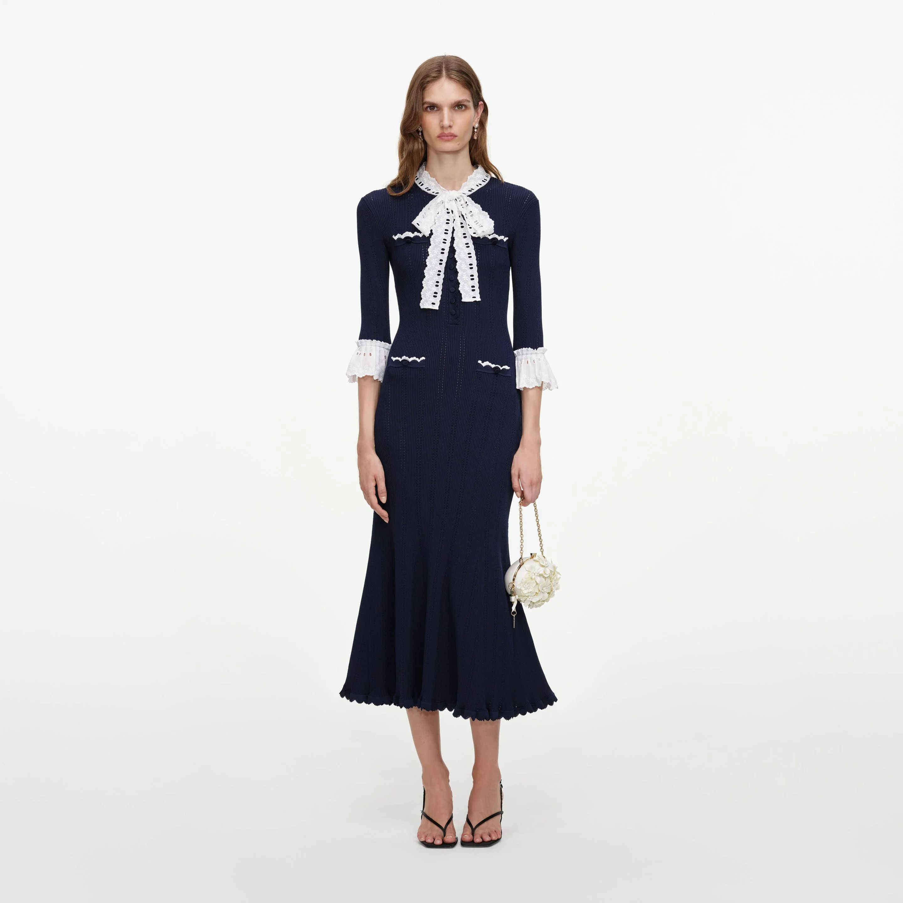 Navy Pointelle Lace Knit Midi Dress - 1