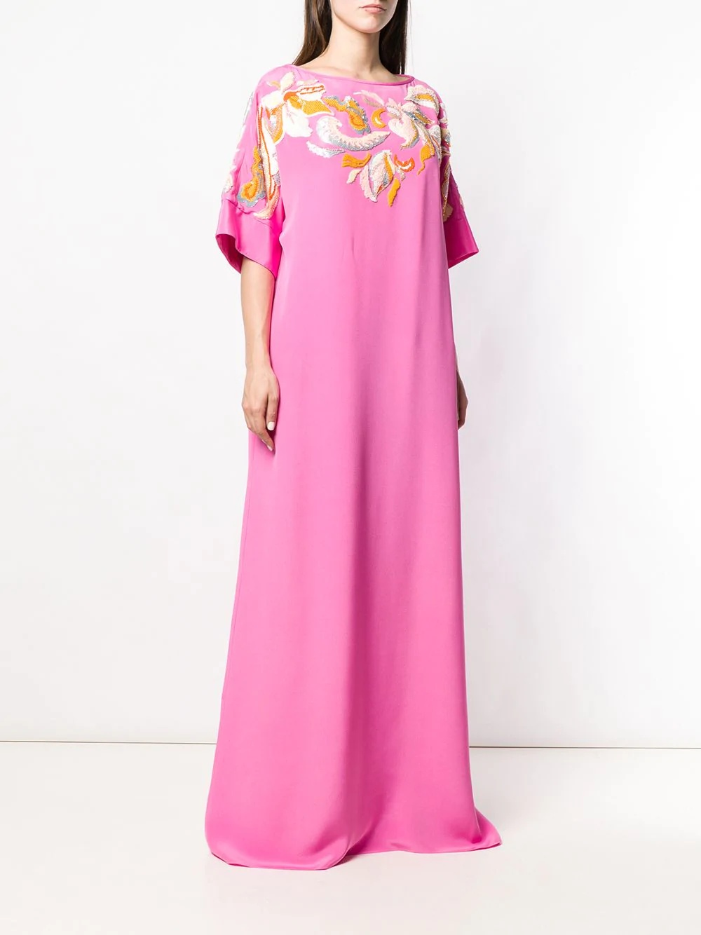 Floral Embroidered Silk Kaftan Dress - 3