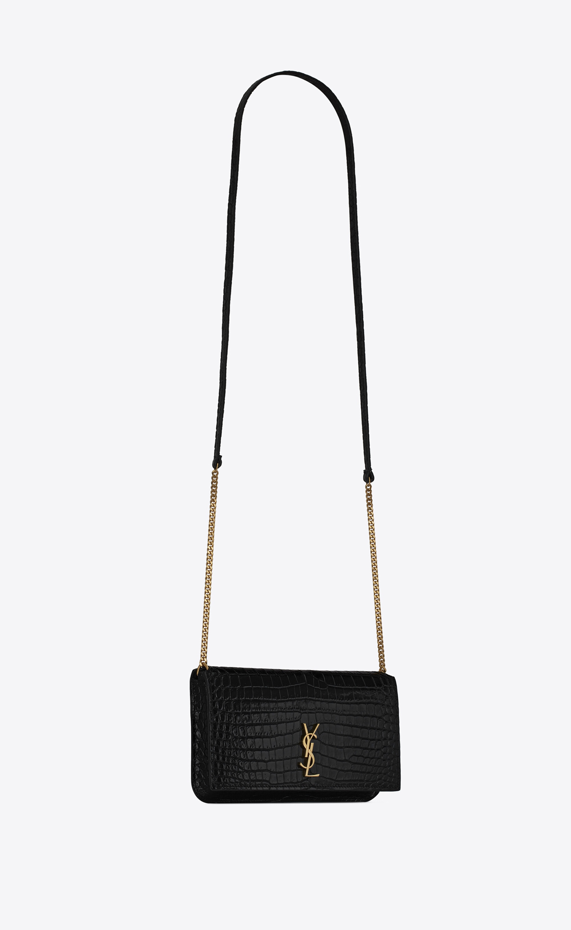 cassandre saint laurent phone holder with strap in shiny crocodile-embossed leather - 7