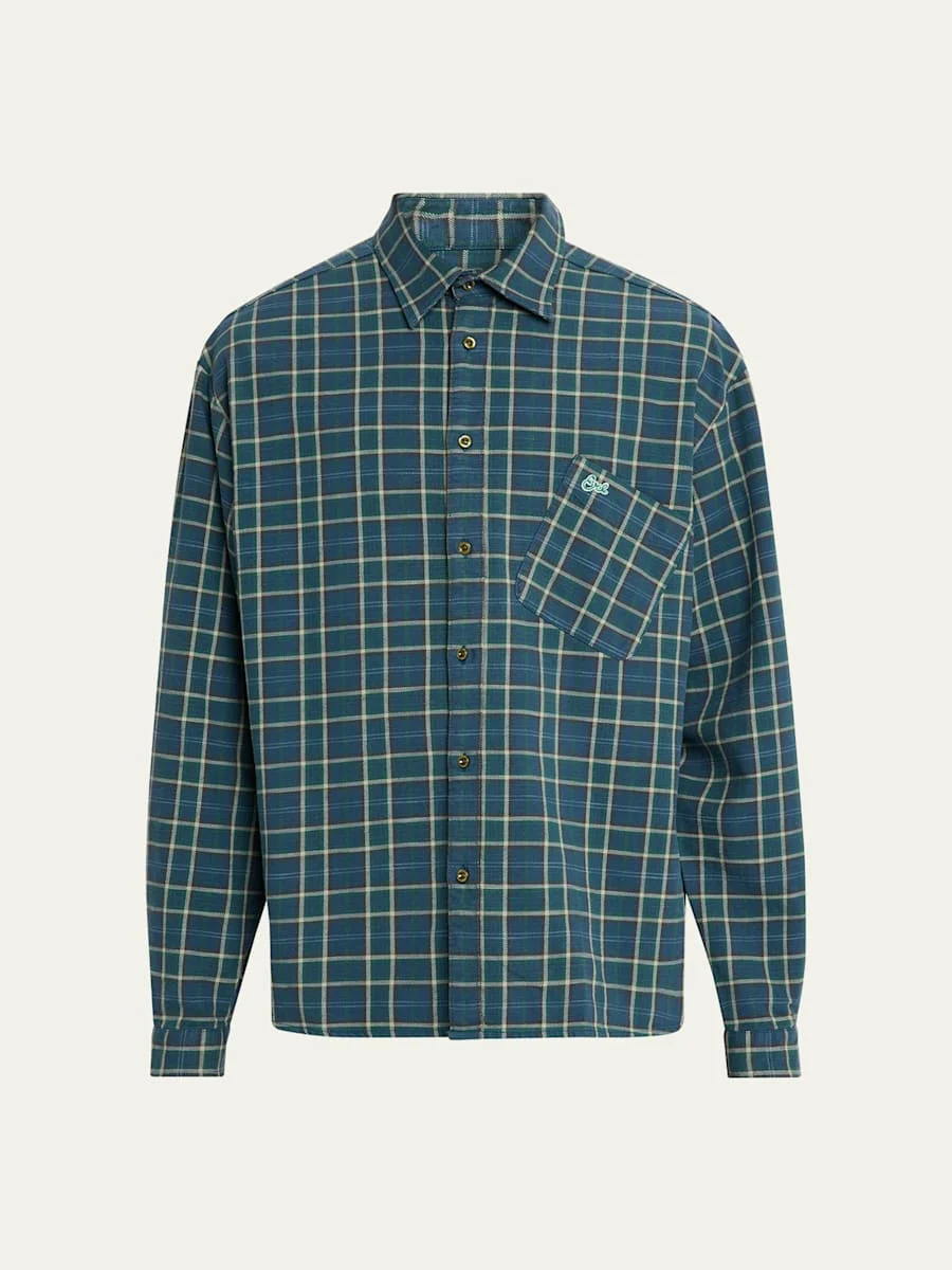 Men's Cotton Plaid Overshirt with Asymmetric Logo Pocket - 1