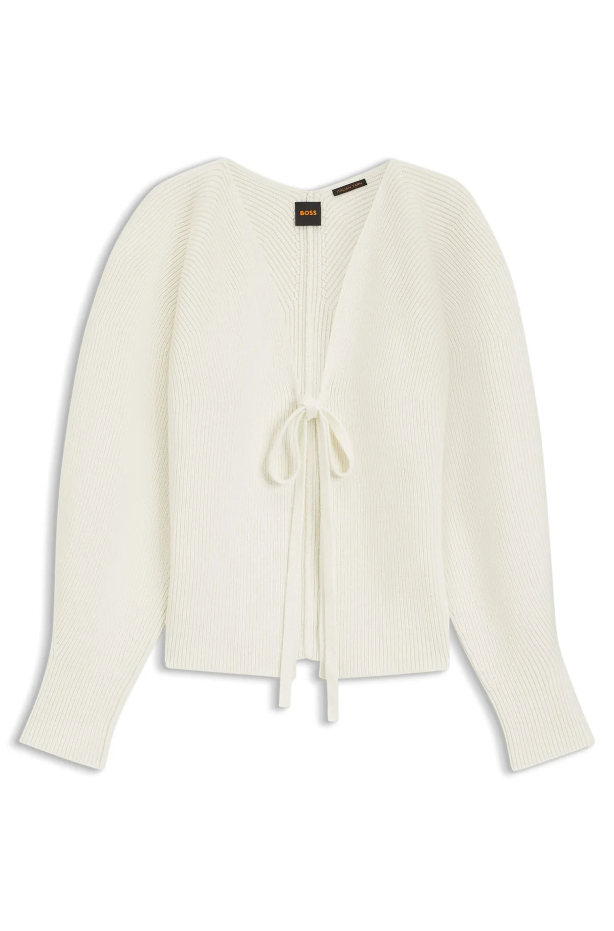 TIE-FRONT RIB-KNIT CARDIGAN WITH BALLOON SLEEVES - 1