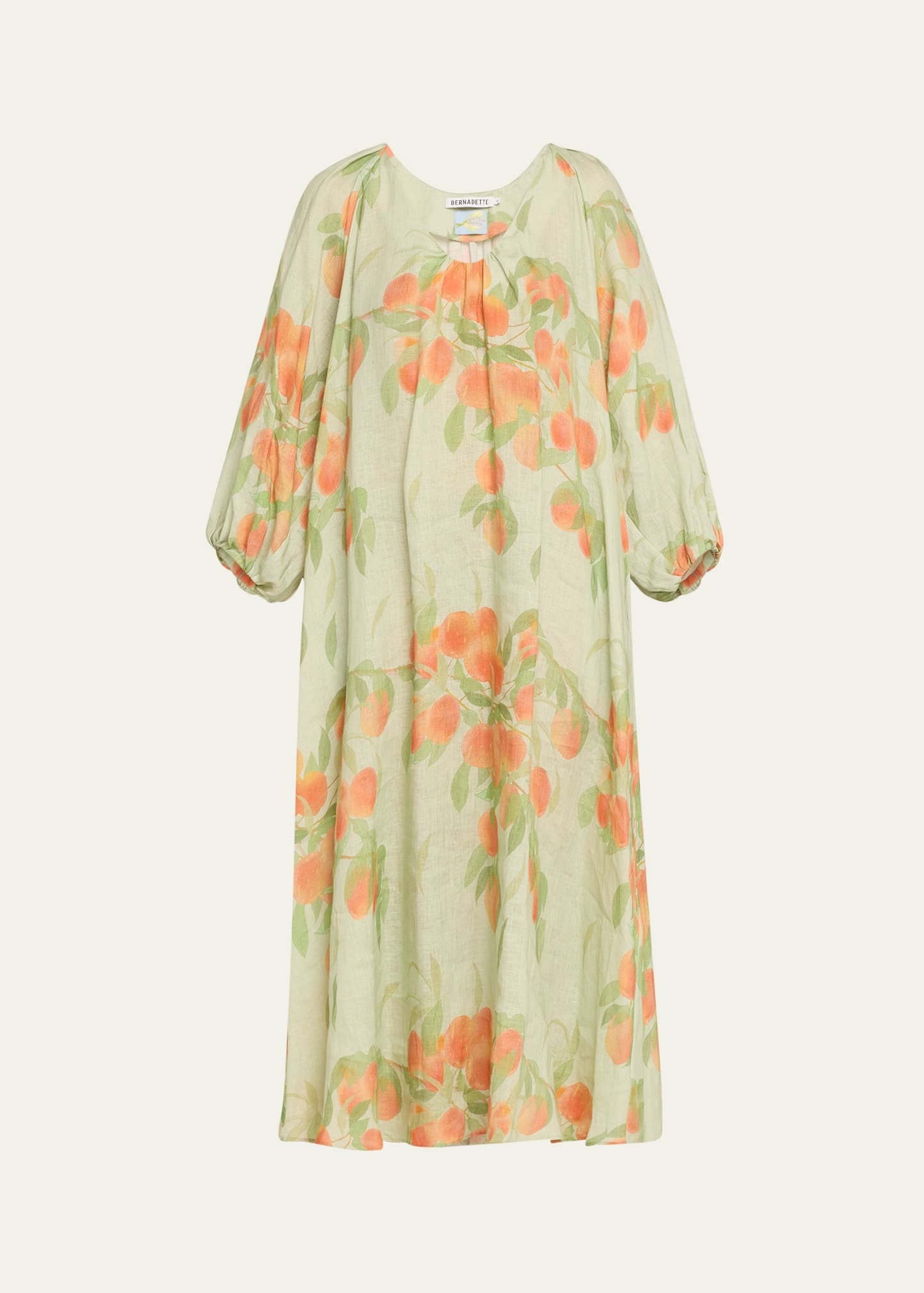 Peach Print Puff-Sleeve Linen Dress - 1