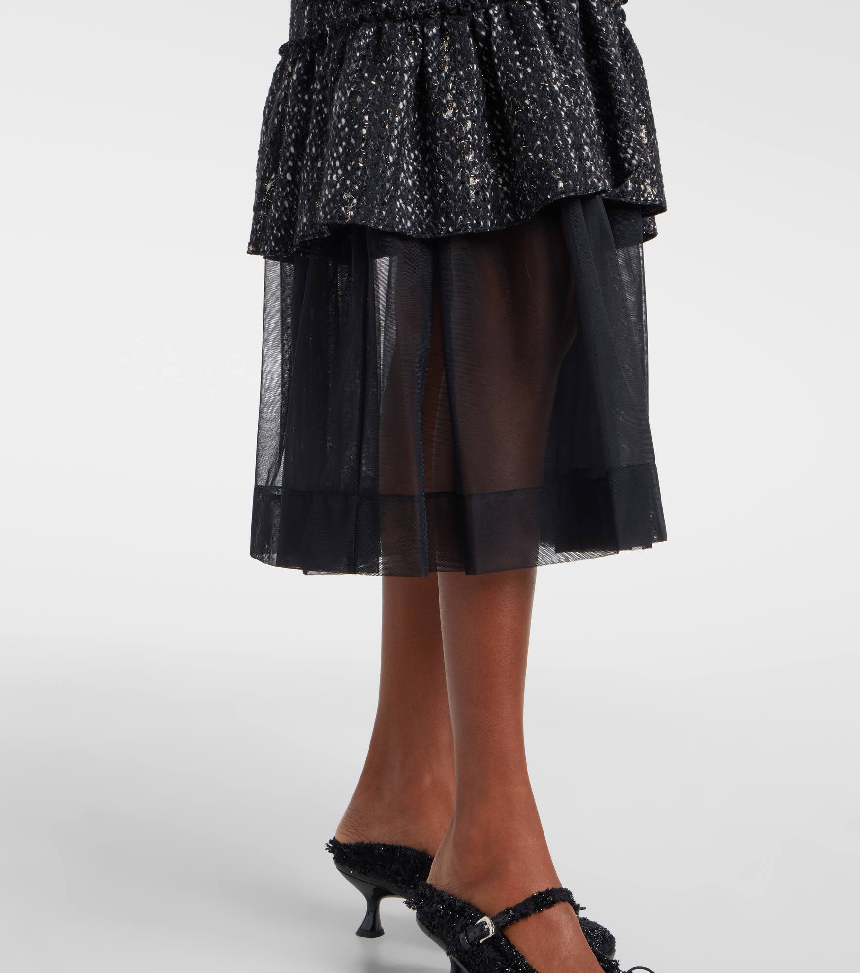Tulle-trimmed high-rise tweed midi skirt - 5