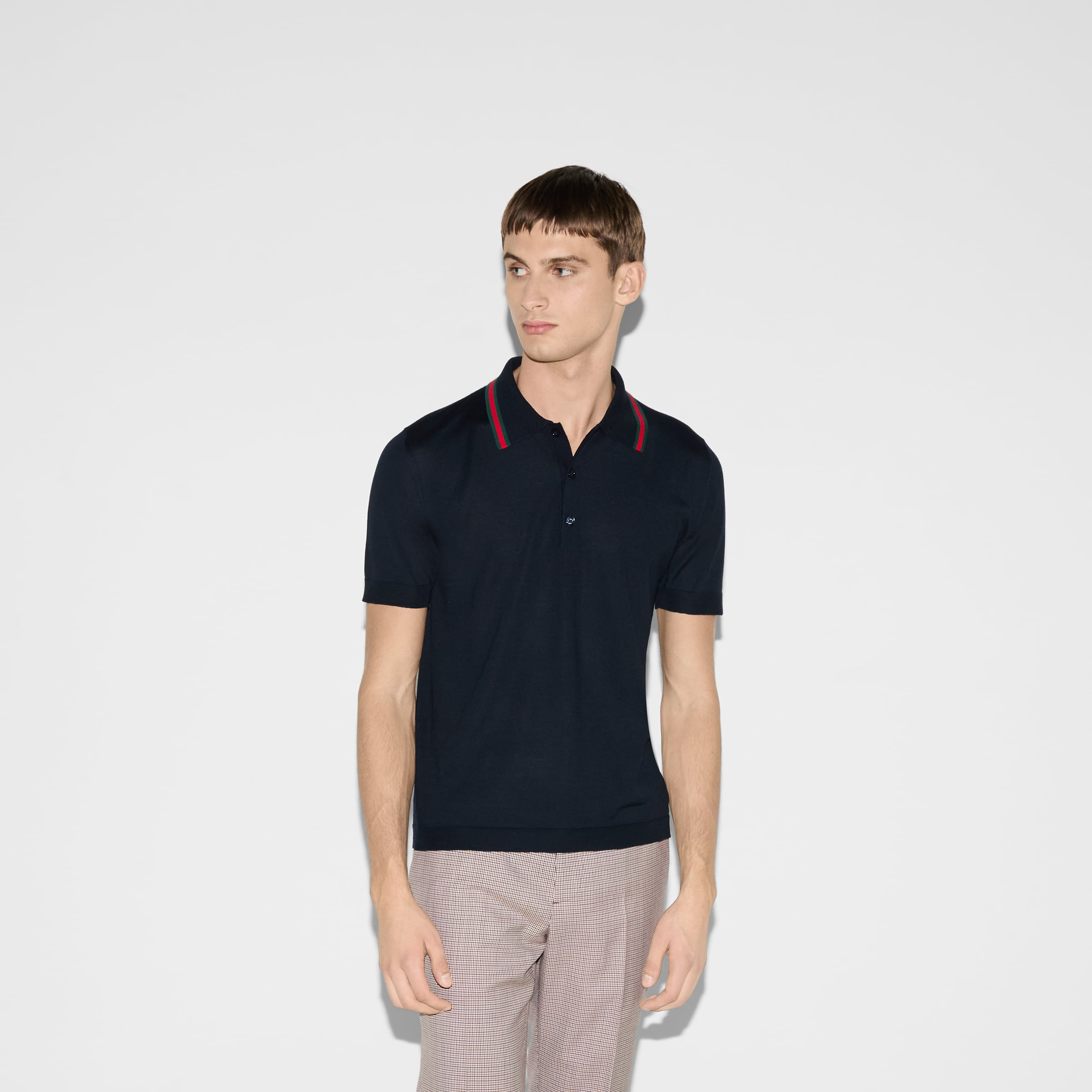Wool knit polo shirt with Web - 3