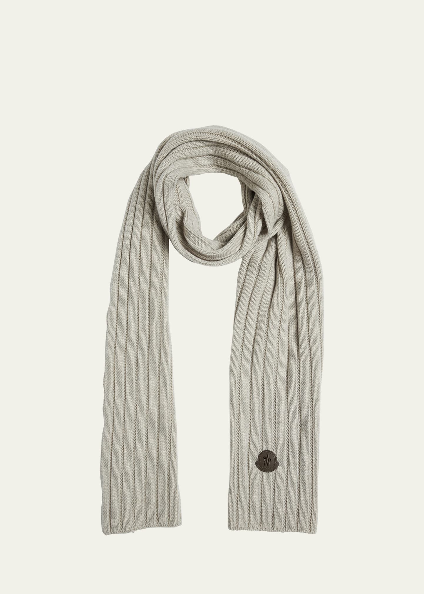 Wool English Rib Scarf with Leather Logo Patch - 1