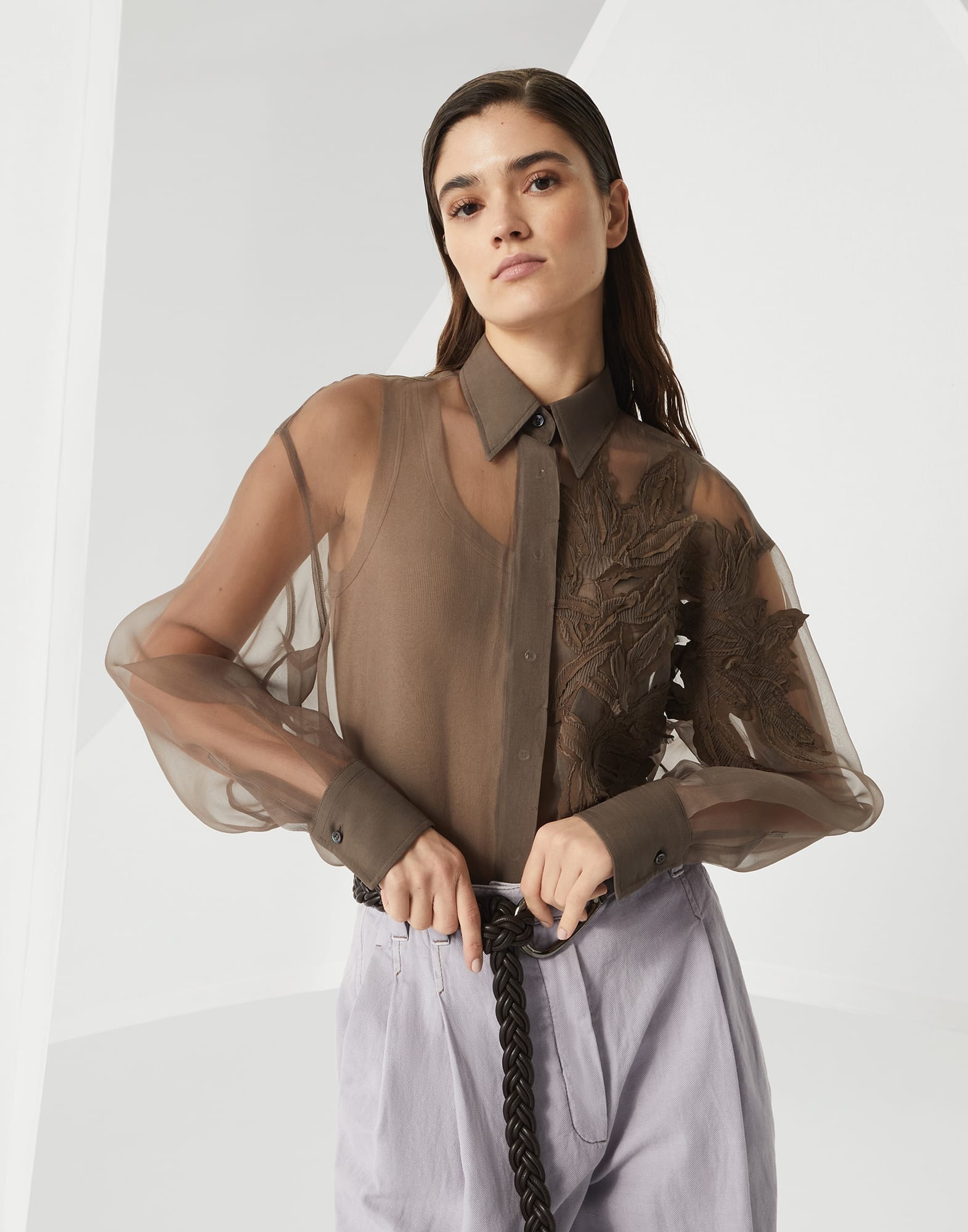 Crispy silk shirt with herbarium appliqué - 4