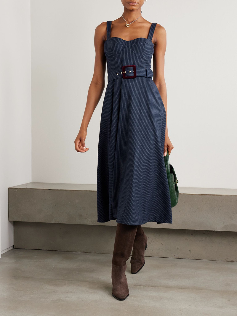 Cara Cara Calypso belted shirred pinstriped wool-blend midi dress Navy outlook