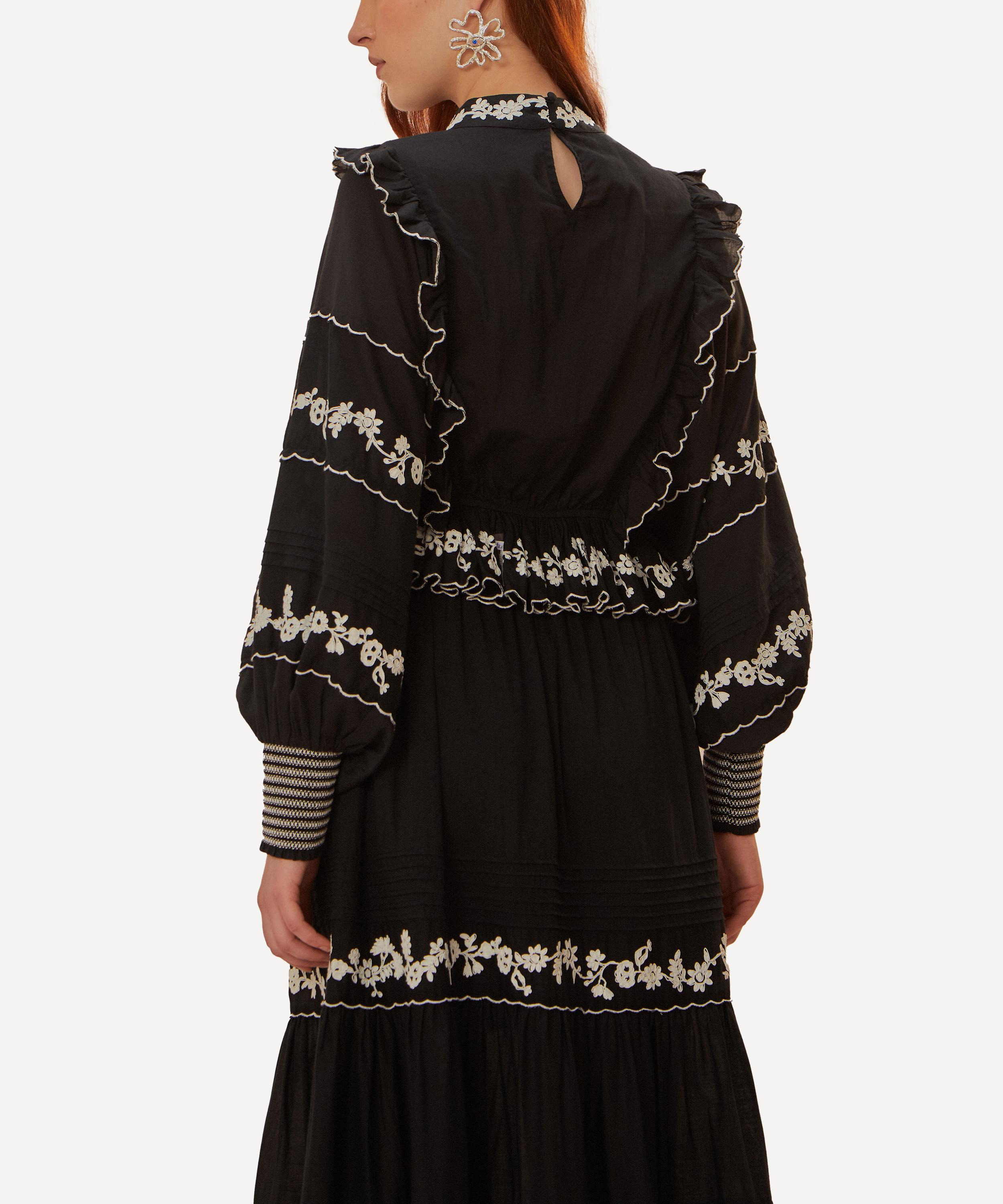 Black Embroidered Ruffle Long Sleeve Blouse - 2