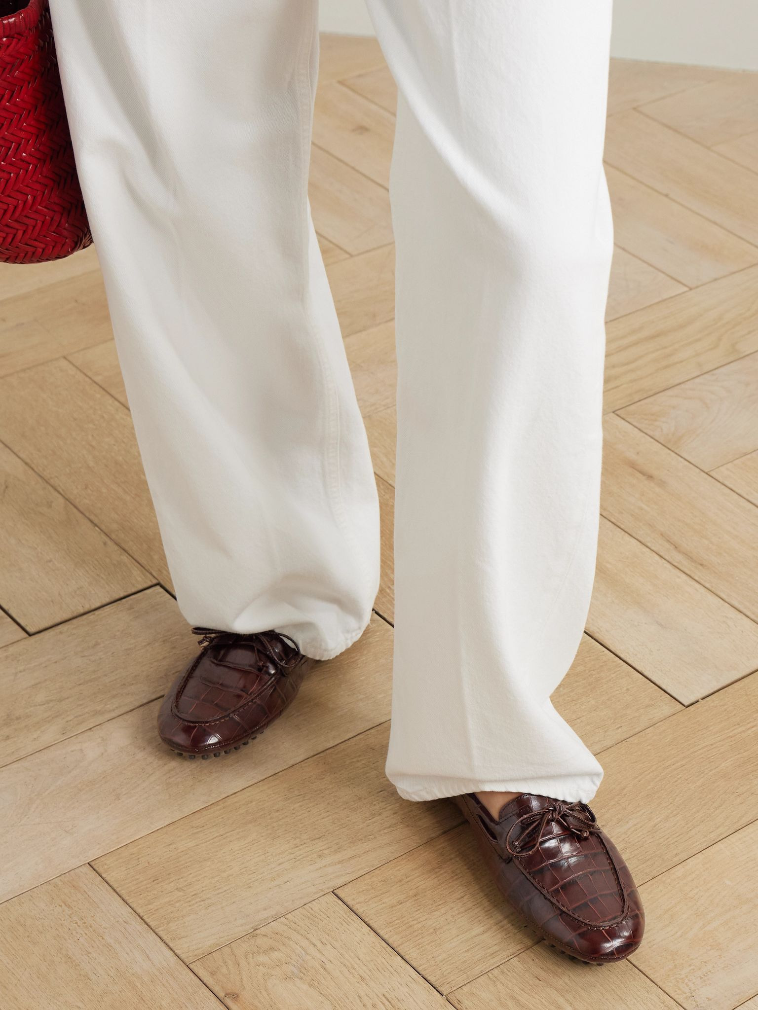 Driver tie-detailed croc-effect leather loafers Chocolate - 2