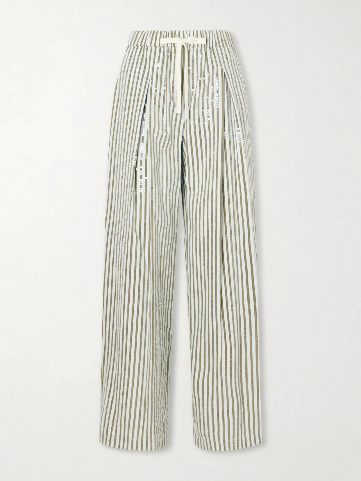 Pj Sequin-trimmed Striped Cotton-blend Wide-leg Drawstring Pants - 1