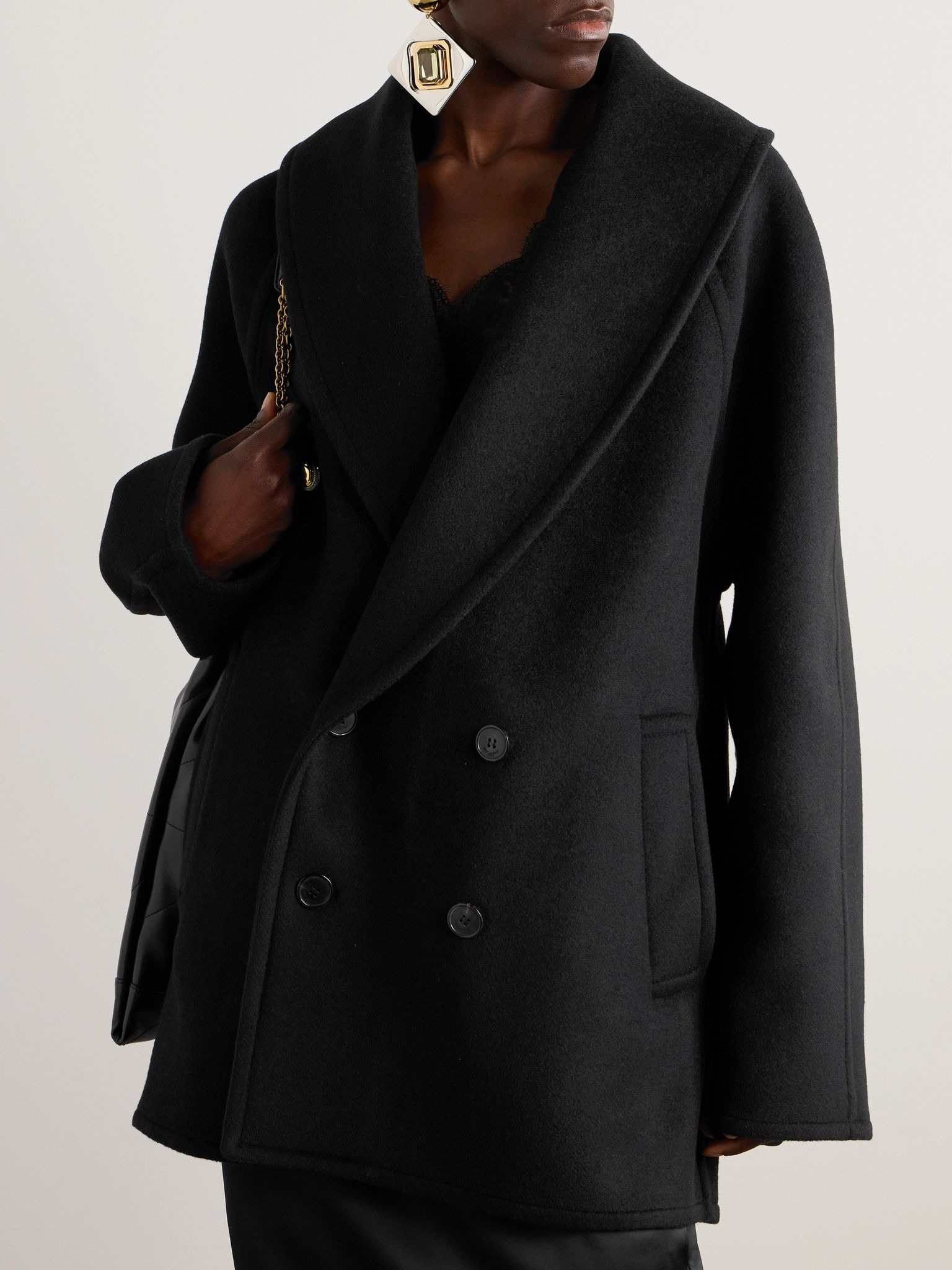 Double-breasted wool and cashmere-blend coat Black - 3
