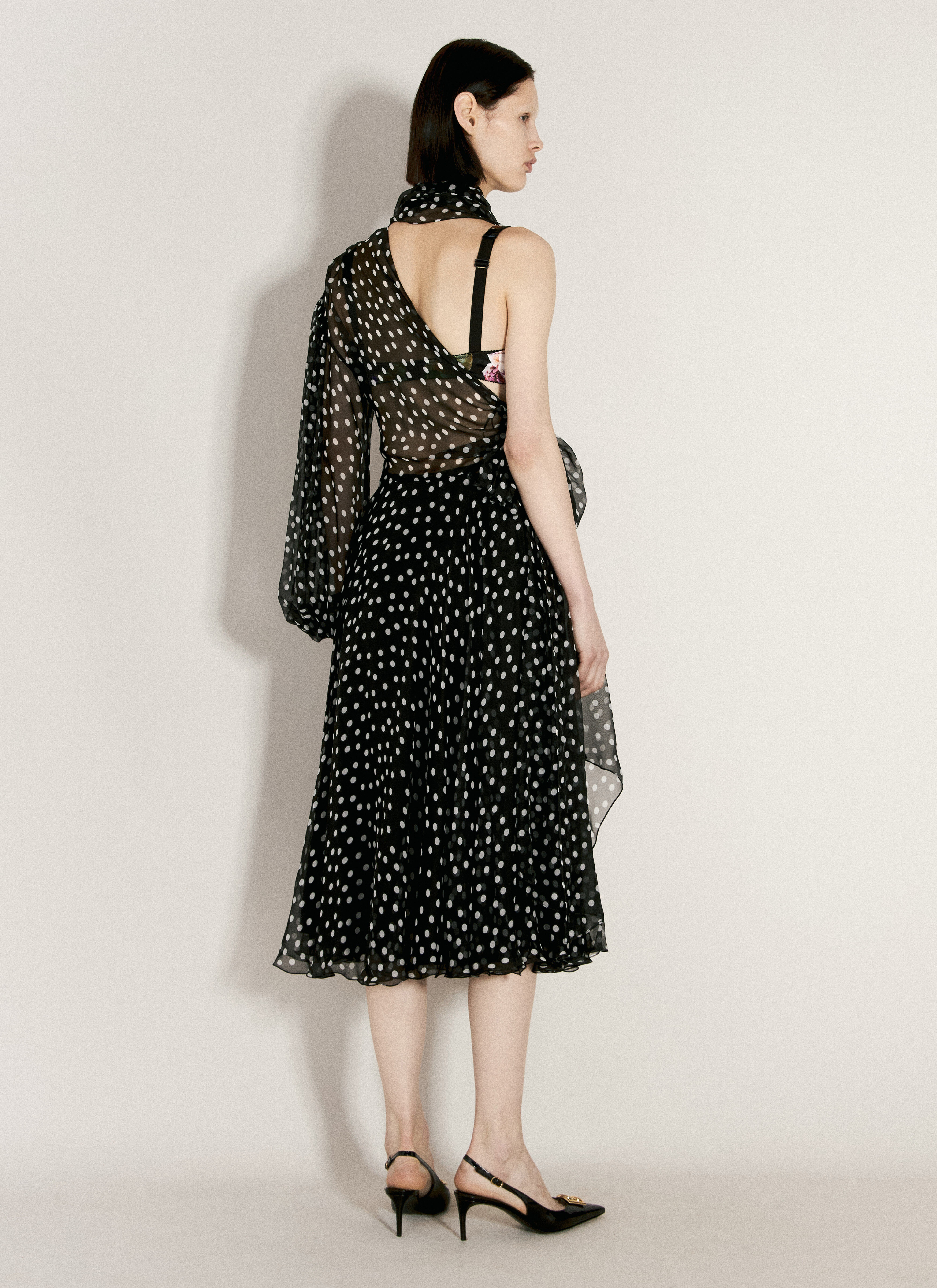 Polka-Dot One-Shoulder Chiffon Dress - 2