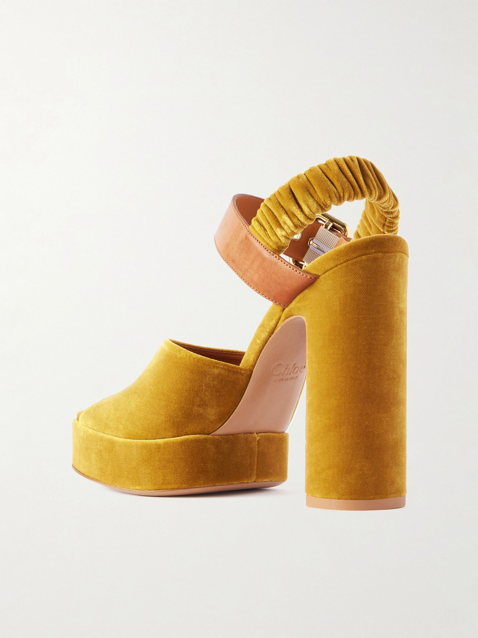 Paddington leather-trimmed velvet platform sandals Mustard - 3