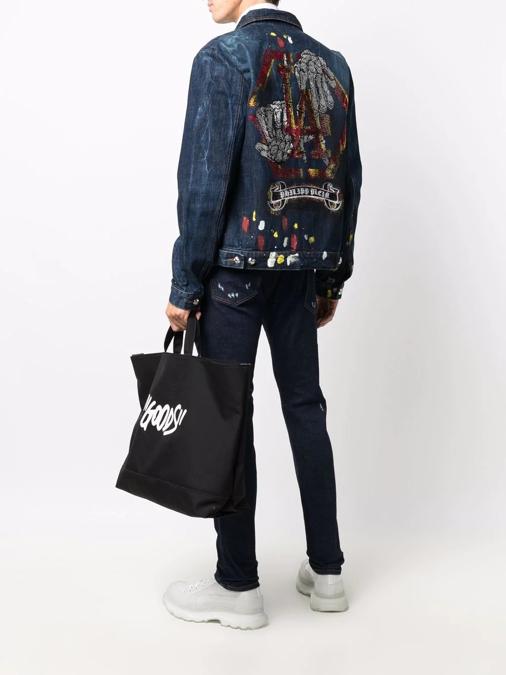 skeleton-motif distressed denim jacket - 2