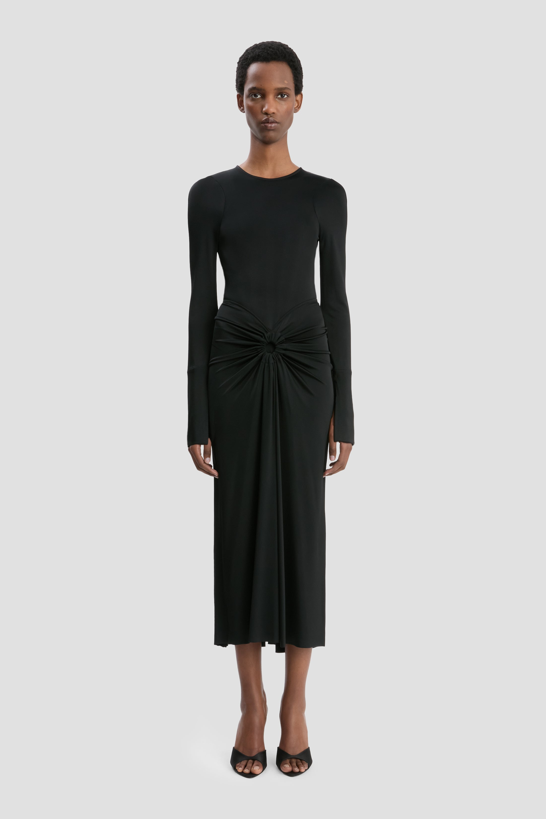 Long Sleeve Gathered Midi Dress In Black - 2