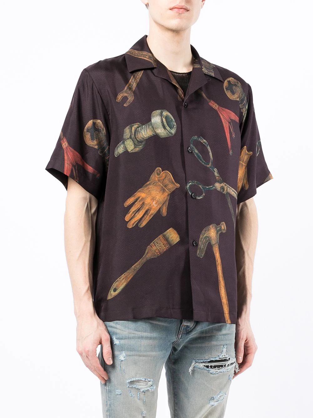 tool-print short-sleeve silk shirt - 3