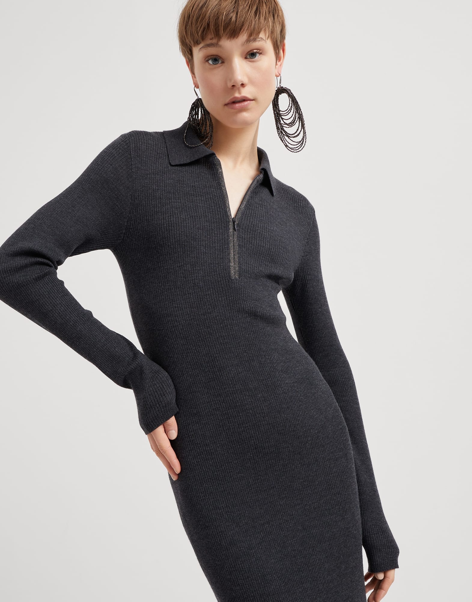 Virgin wool and cashmere lightweight rib knit dress with precious zip - 4