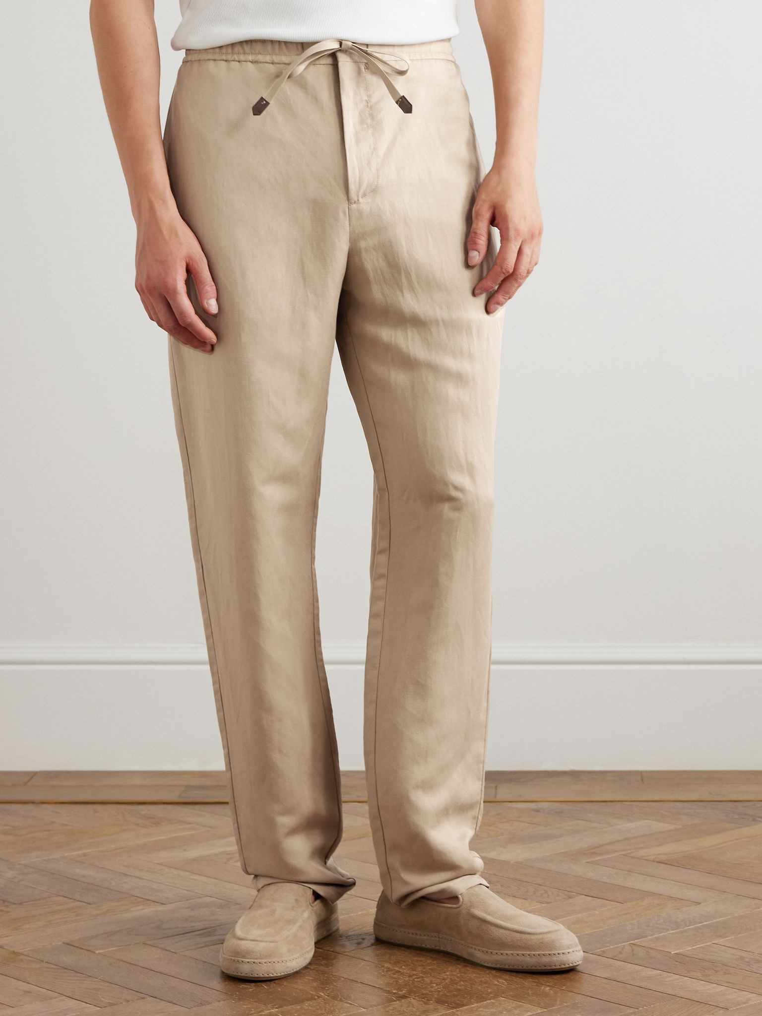 Linen and Silk-Blend Drawstring Trousers Beige - 3