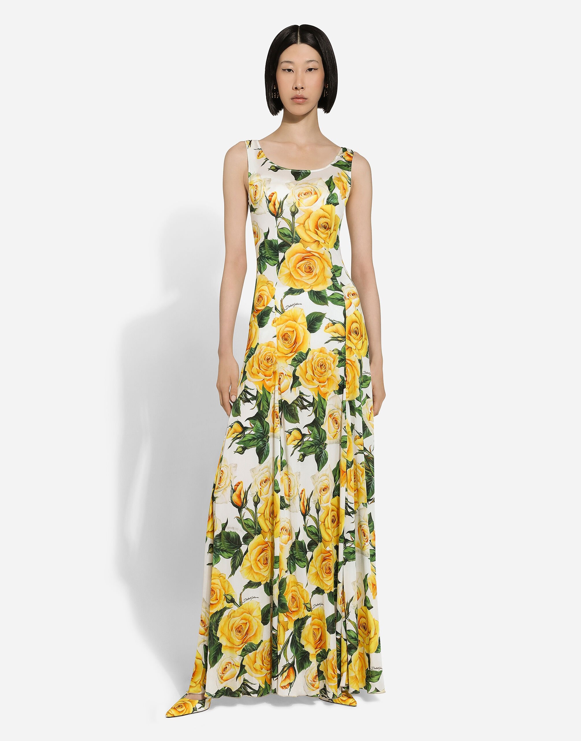 Long organzine round-neck dress with yellow rose print - 2