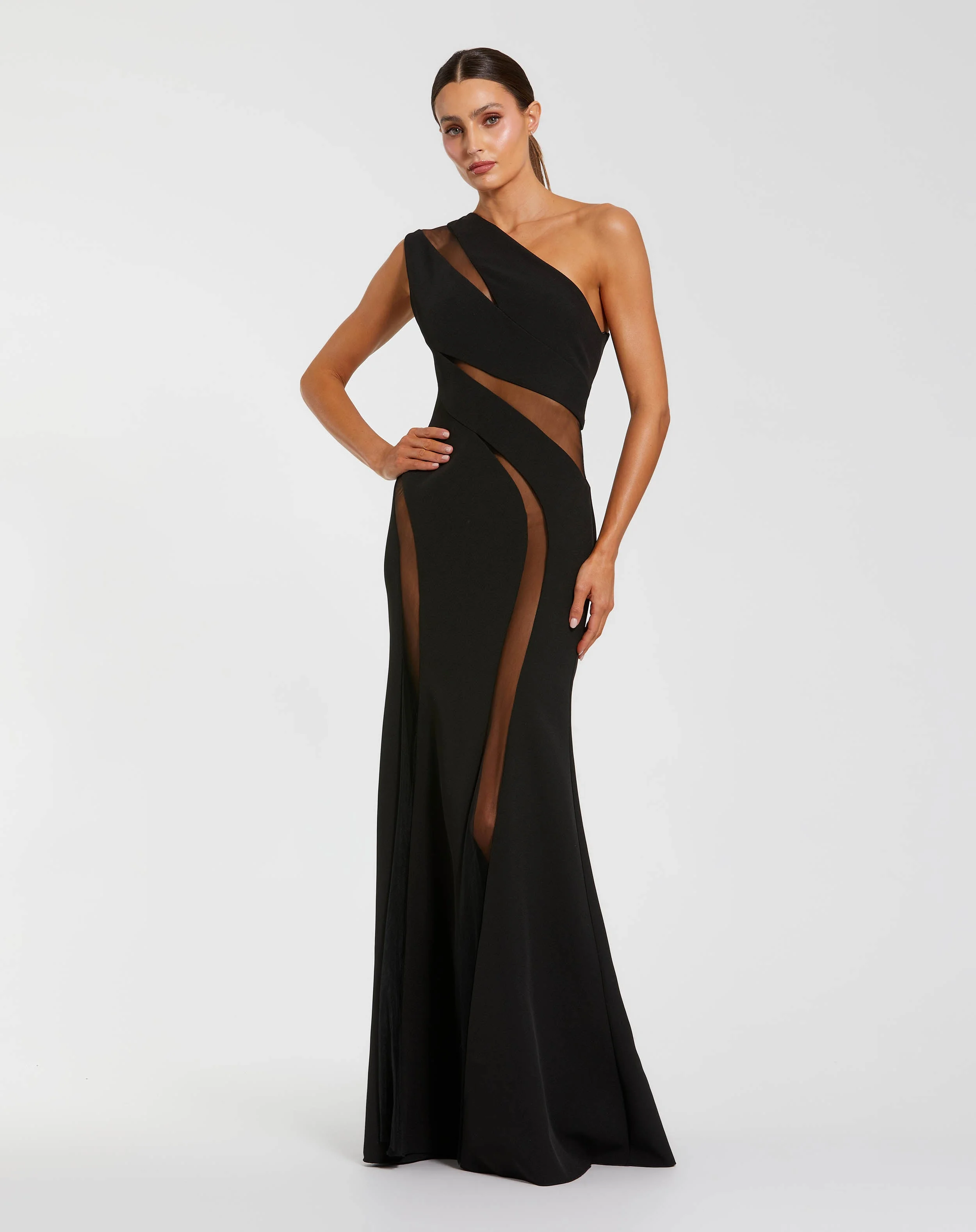 Black One Shoulder Crepe Illusion Cutout Gown - 1