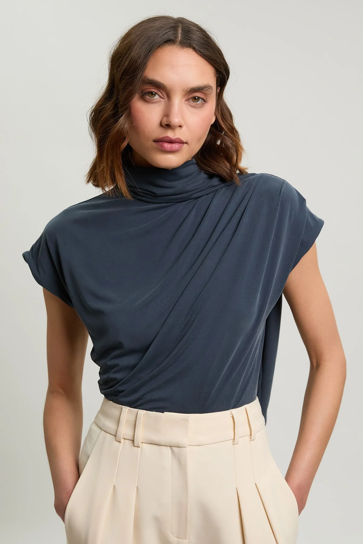 Cowl Neck Tie Detail Jersey Top - 1