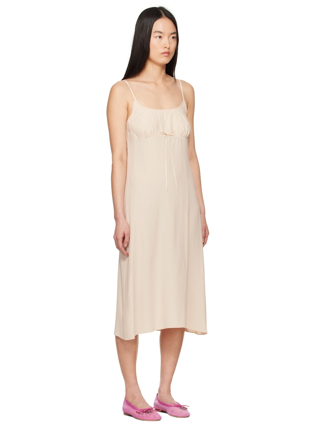 Beige Negligee Bow Midi Dress - 2