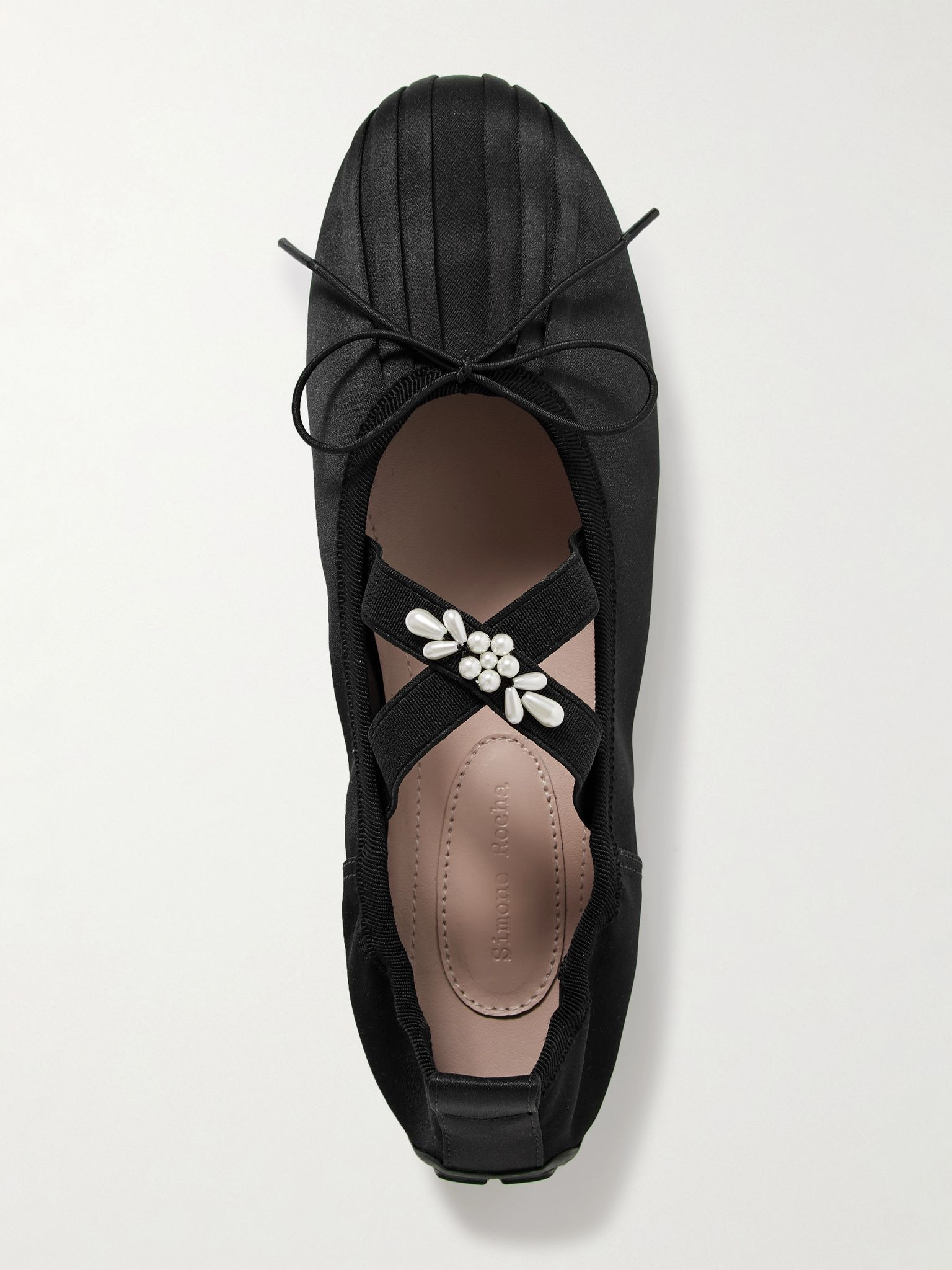 Faux pearl-embellished pleated shell ballet flats Black - 5