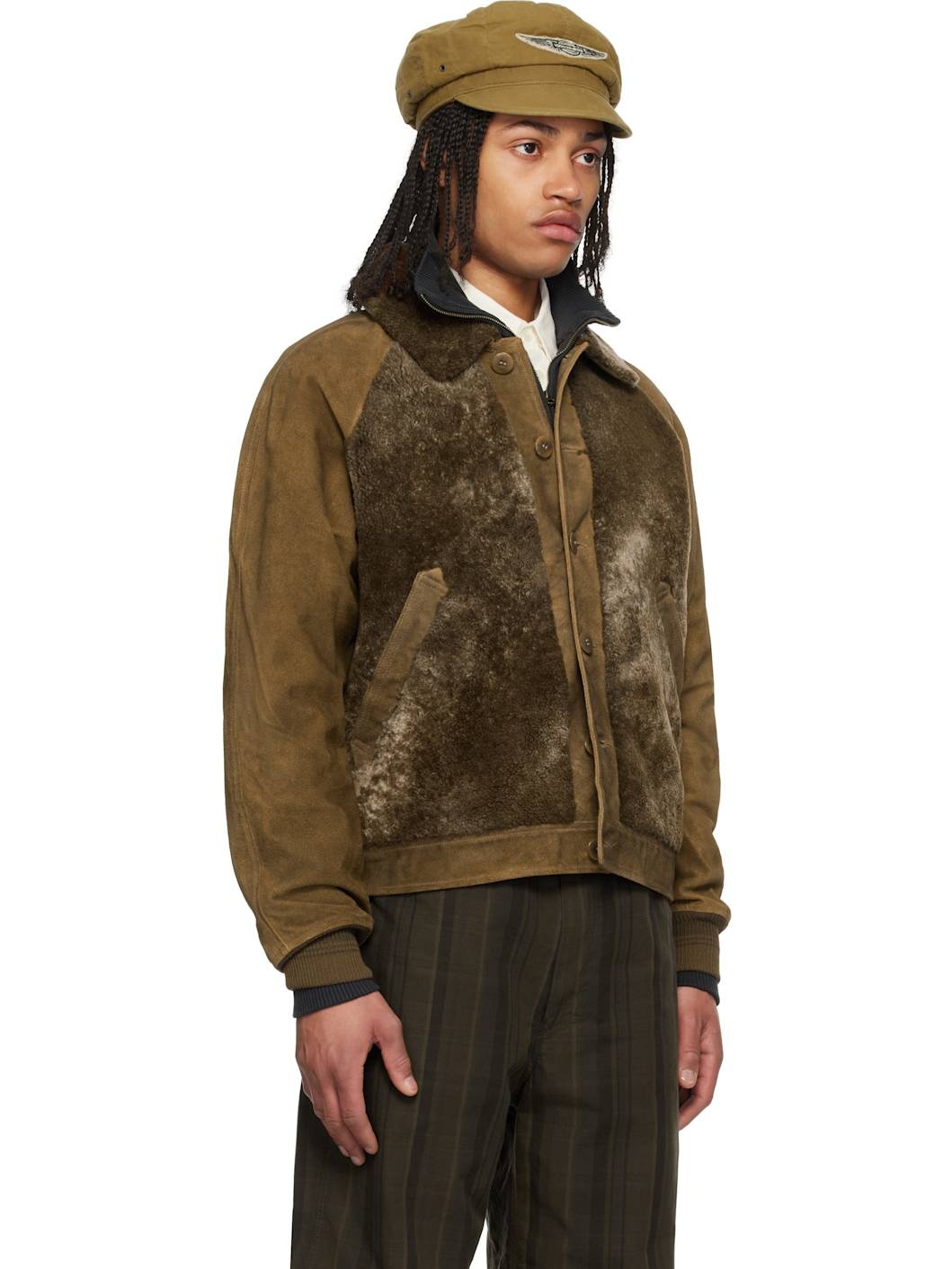 Brown Paneled Roughout Suede Shearling Jacket - 2
