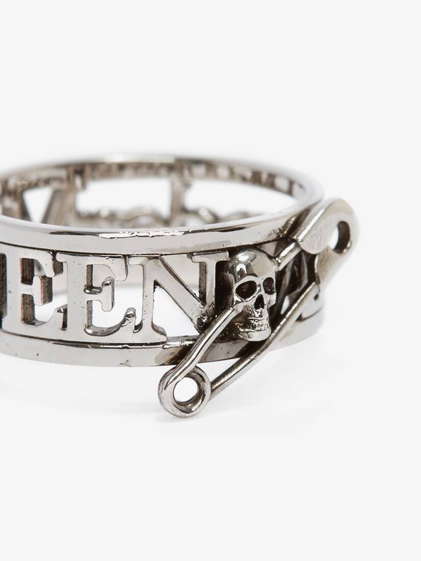 Skull Safety Pin Ring in Antique Silver - 4