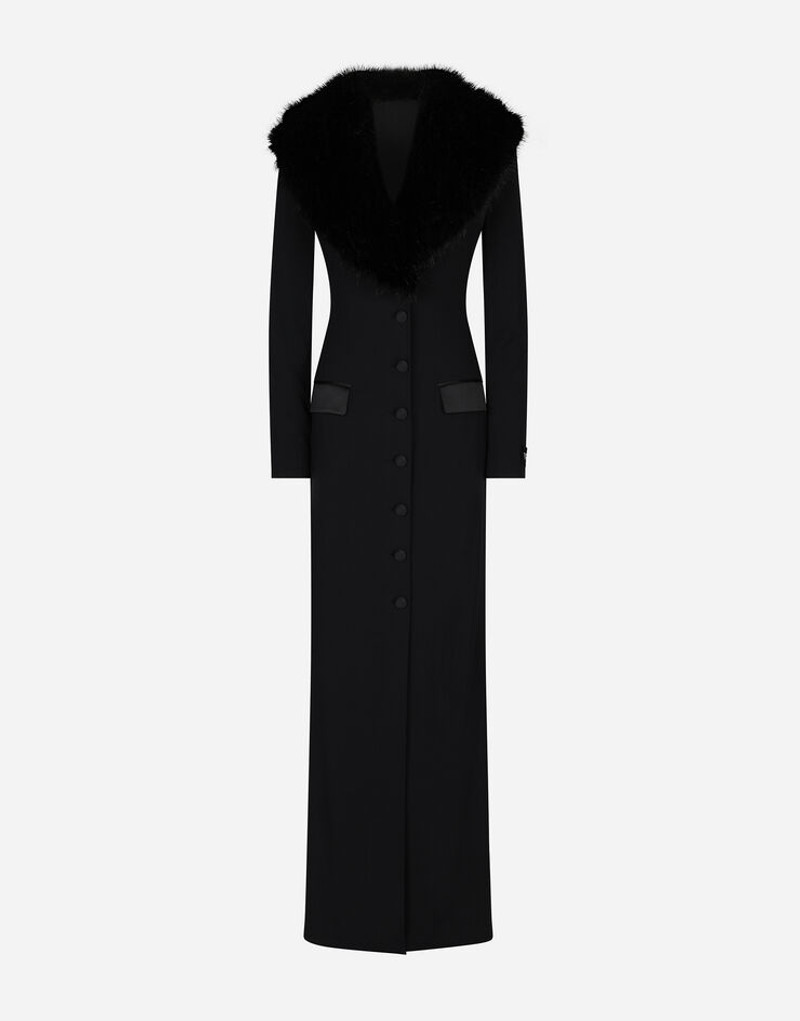 Long silk georgette coat with faux fur collar 1