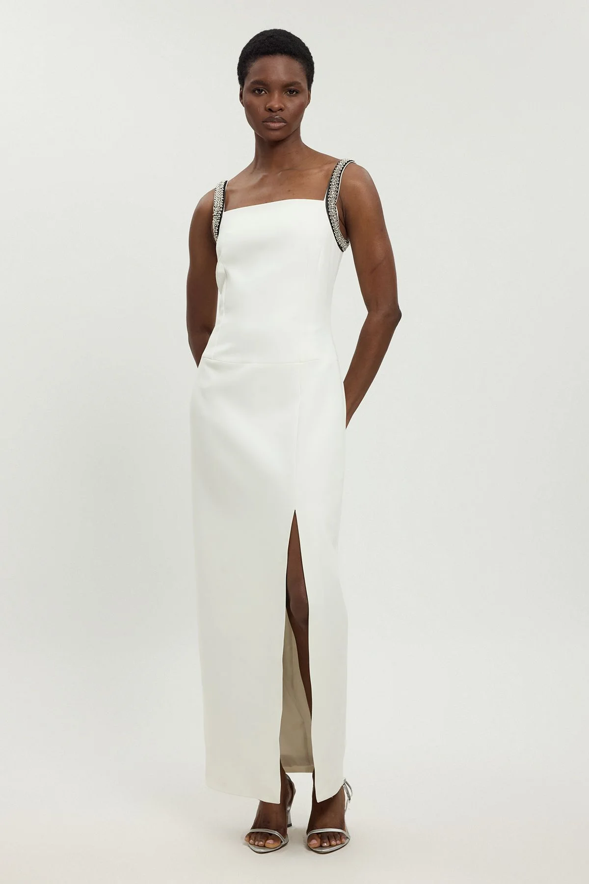 Compact Stretch Diamante Trim Detail Column Dress - 1